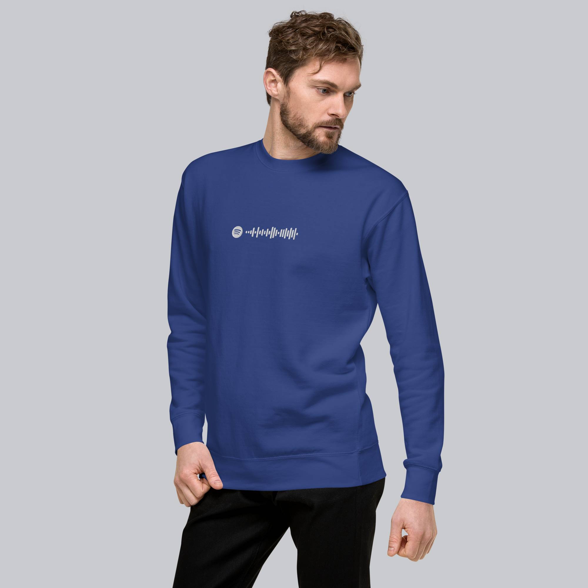 Blue long-sleeve shirt with custom Music Code
