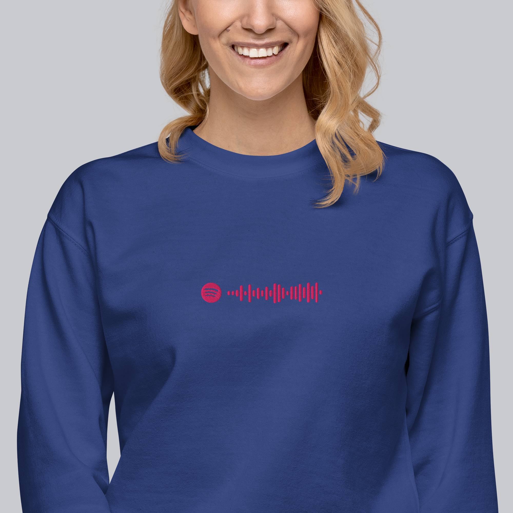 Blue long-sleeve shirt with custom Music Code