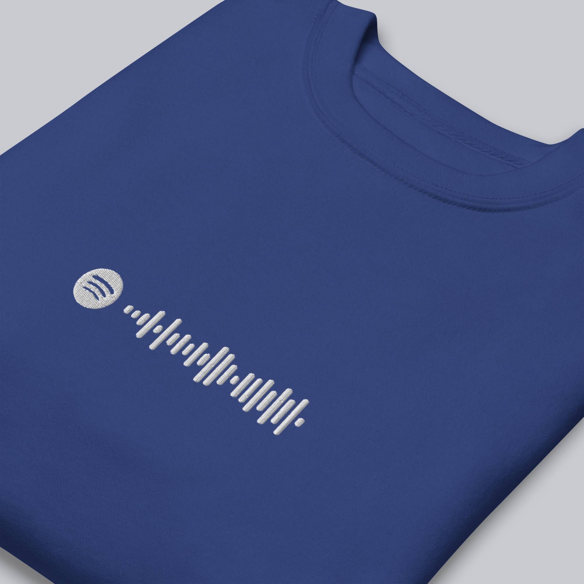 Blue long-sleeve shirt with custom Music Code