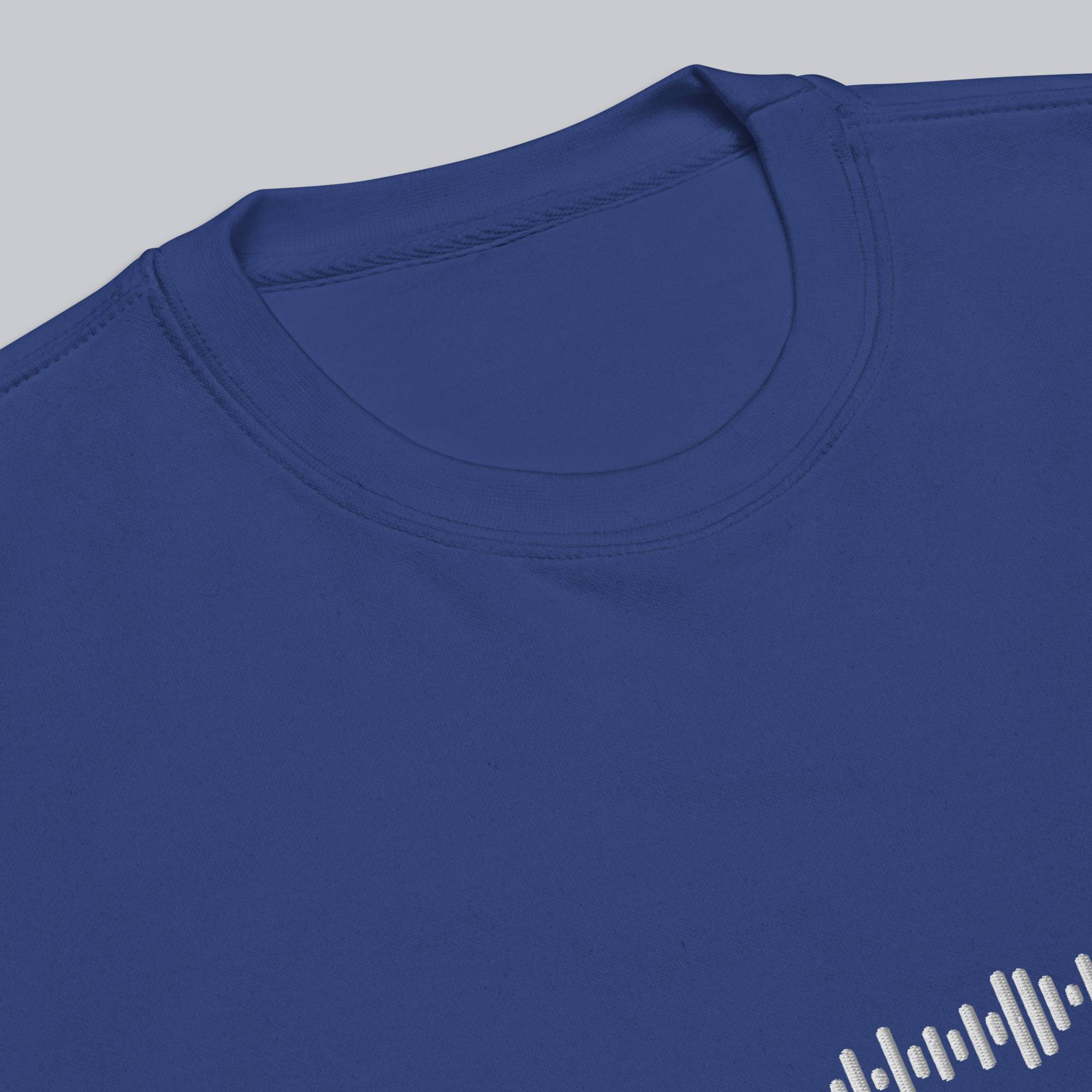 Blue long-sleeve shirt with custom Music Code