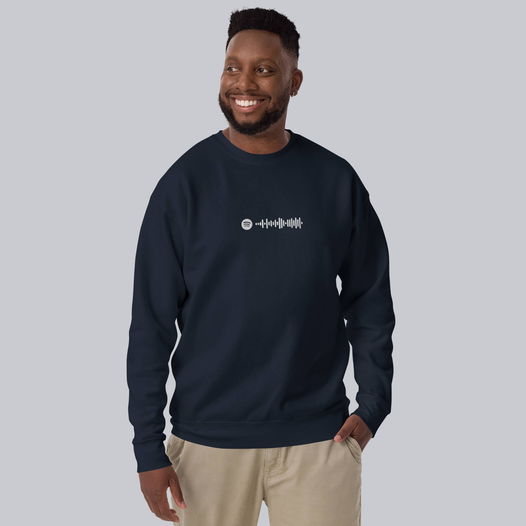 Navy long-sleeve shirt with custom Music Code
