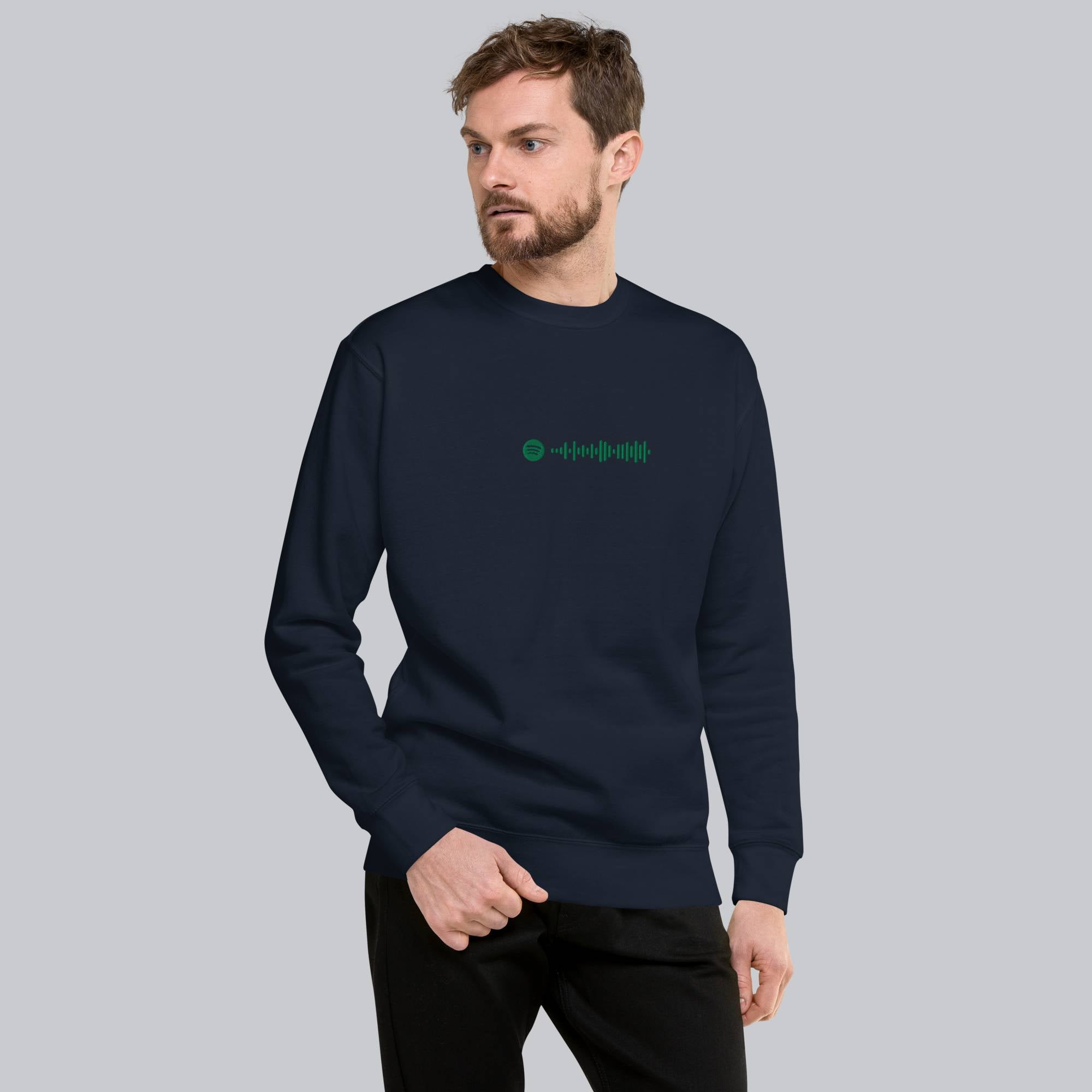 Navy long-sleeve shirt with custom Music Code