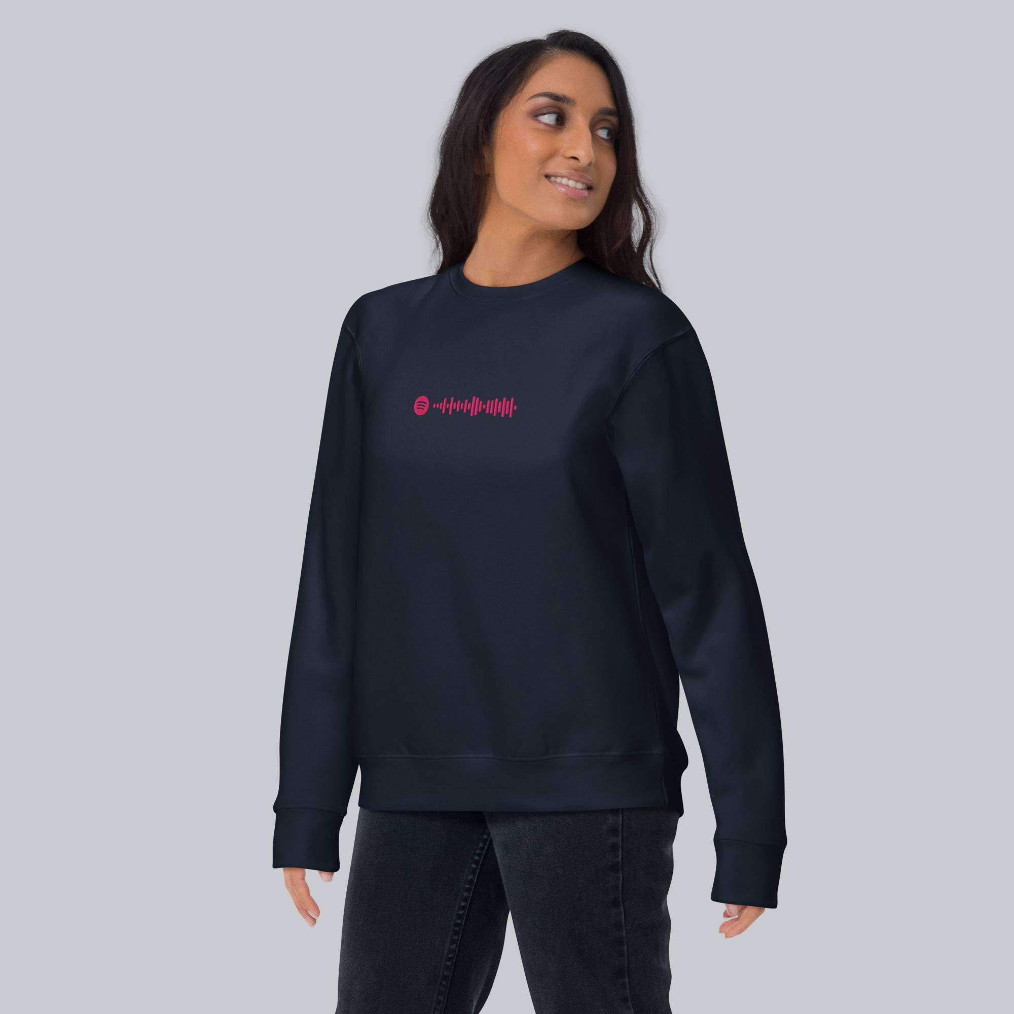 Navy long-sleeve shirt with custom Music Code