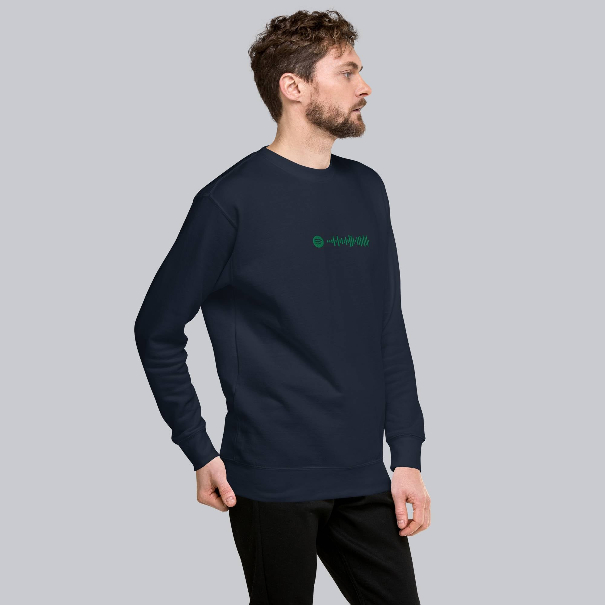 Navy long-sleeve shirt with custom Music Code