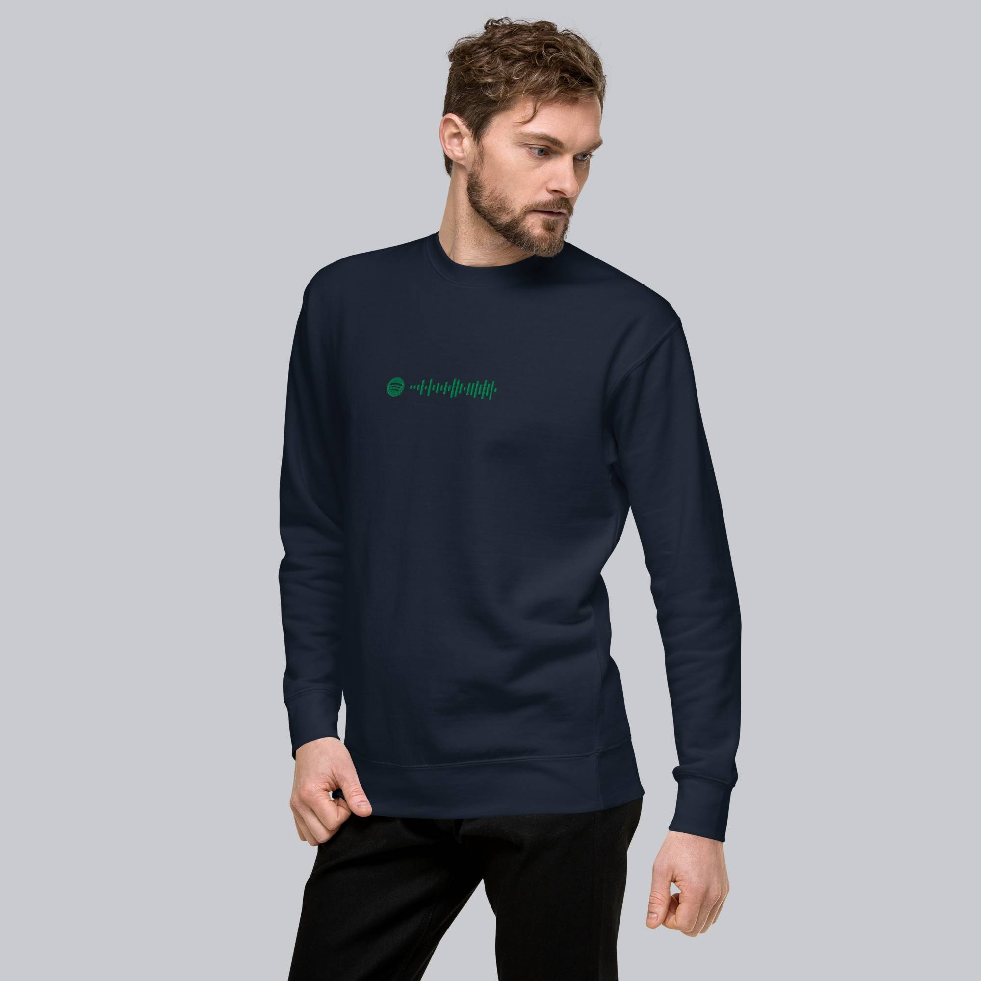 Navy long-sleeve shirt with custom Music Code