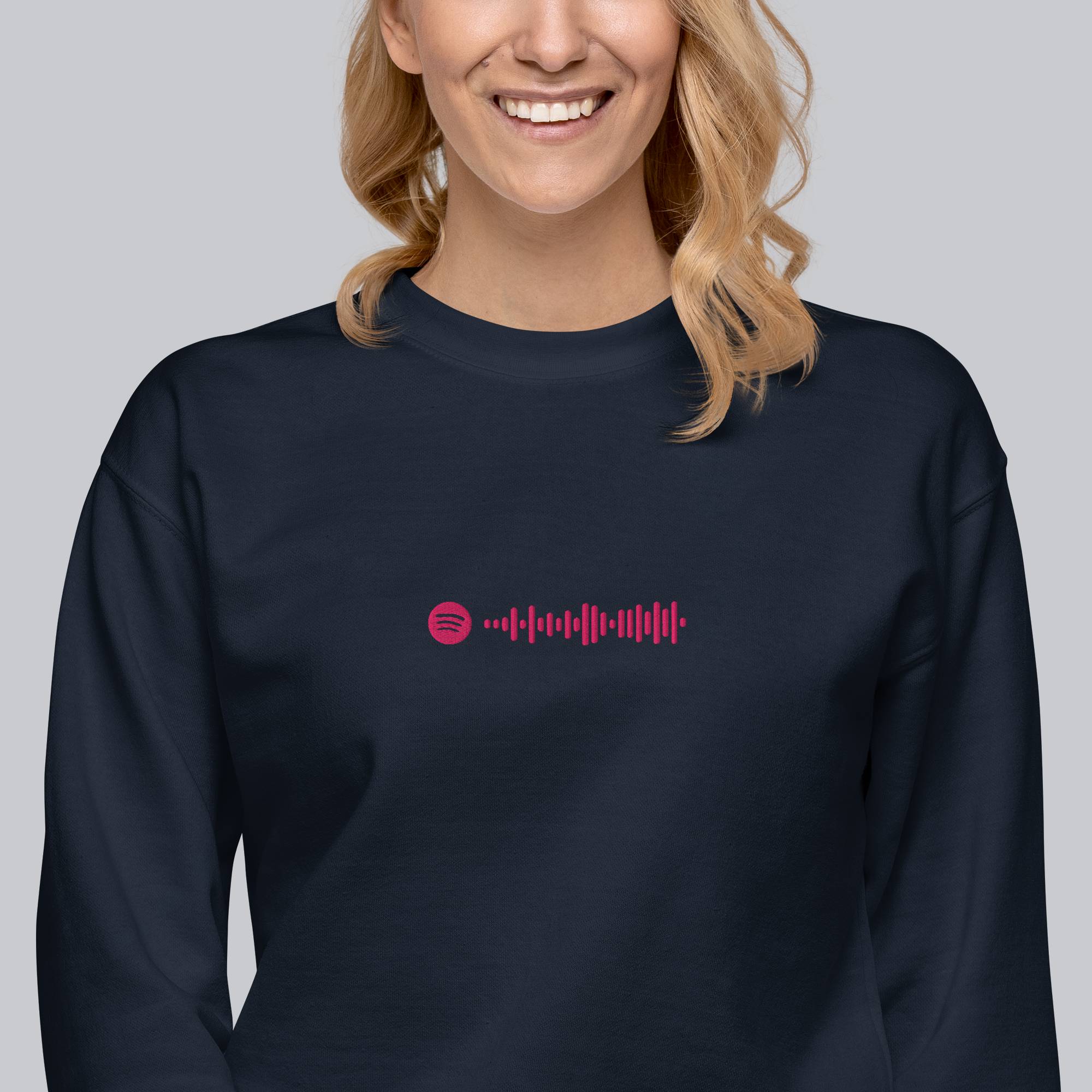 Navy long-sleeve shirt with custom Music Code
