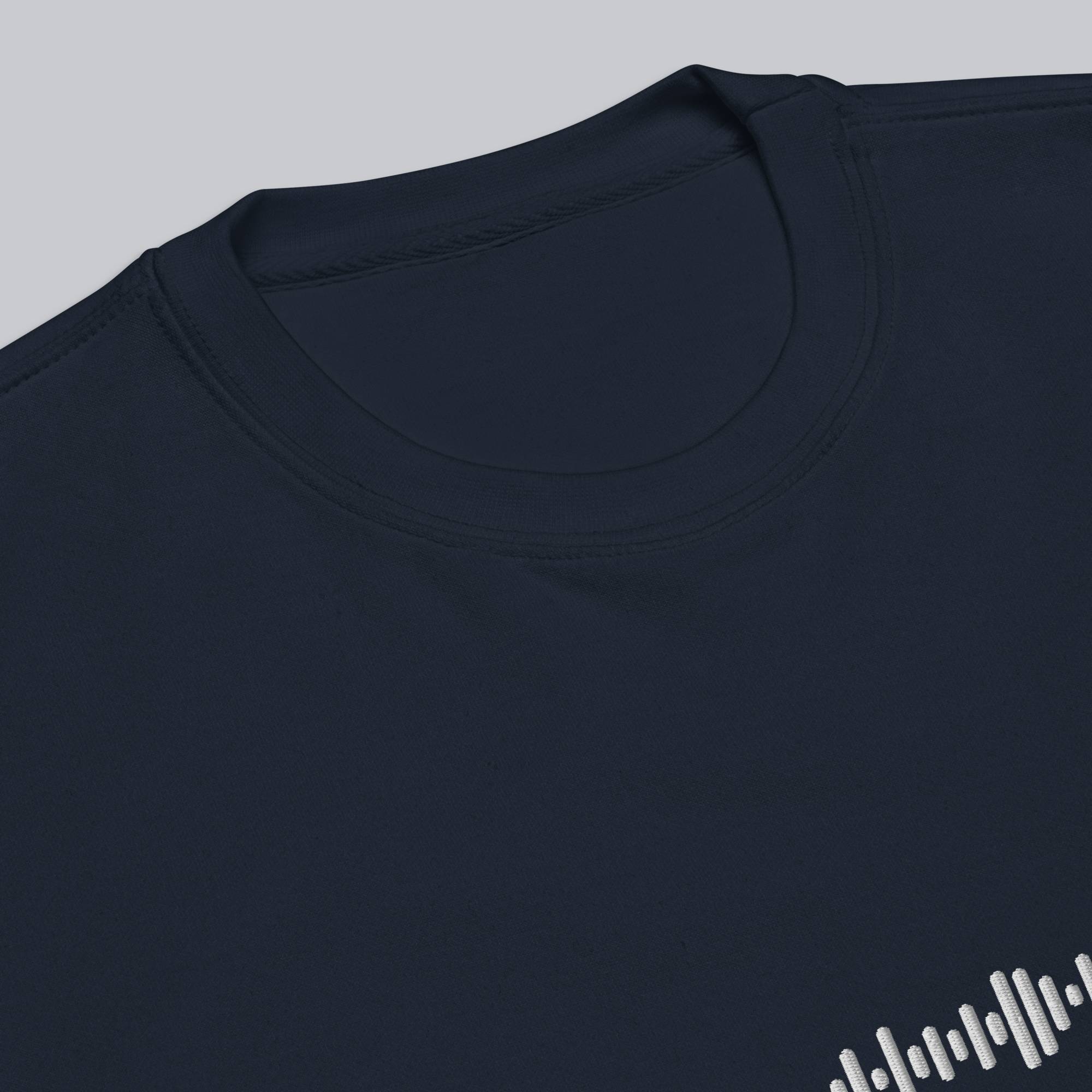 Navy long-sleeve shirt with custom Music Code