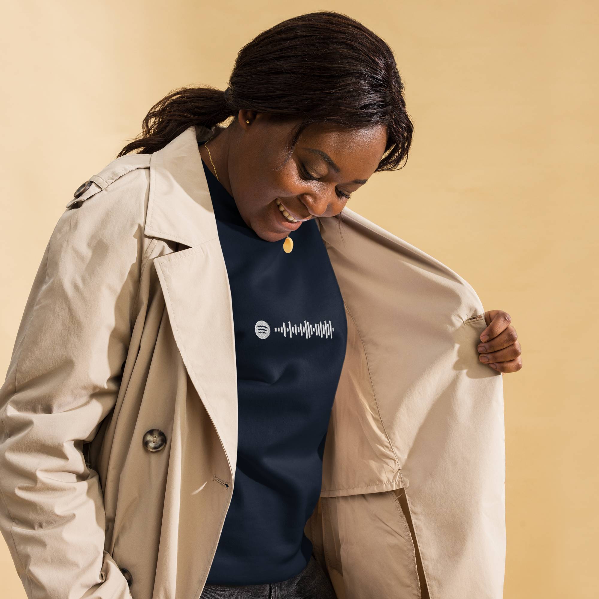 Navy long-sleeve shirt with custom Music Code