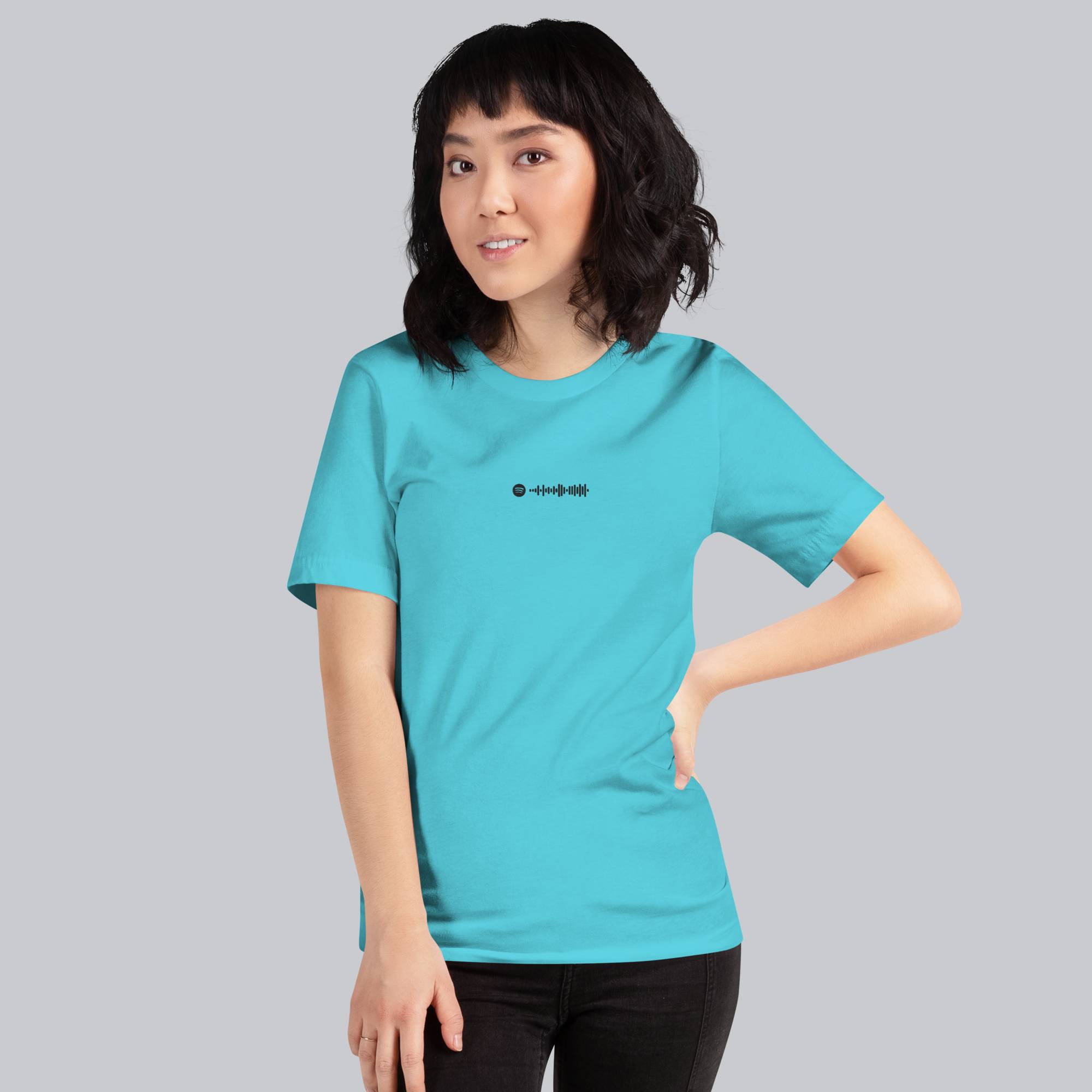 Turquoise Tshirt with embroidered custom music code