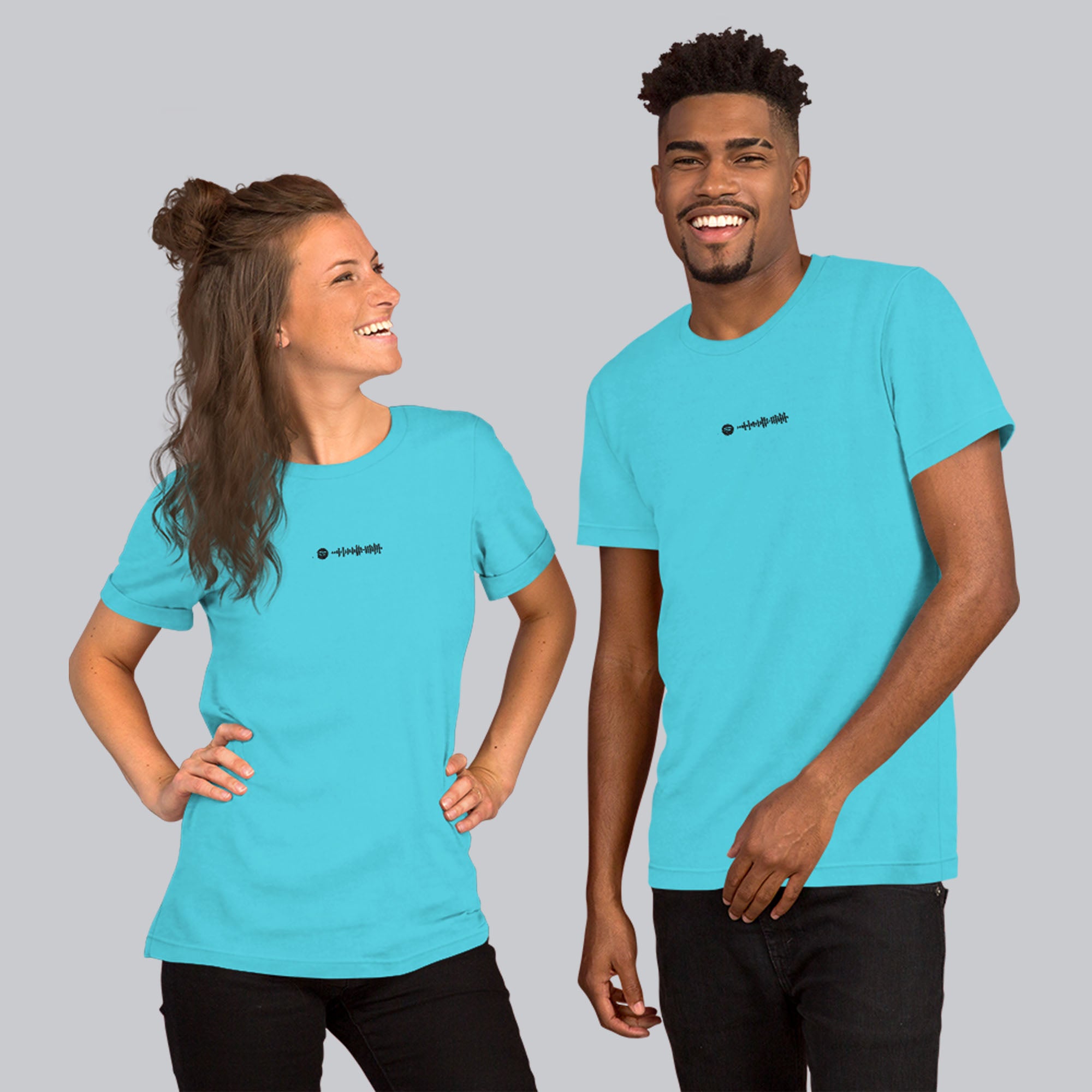 Turquoise Tshirt with embroidered custom music code