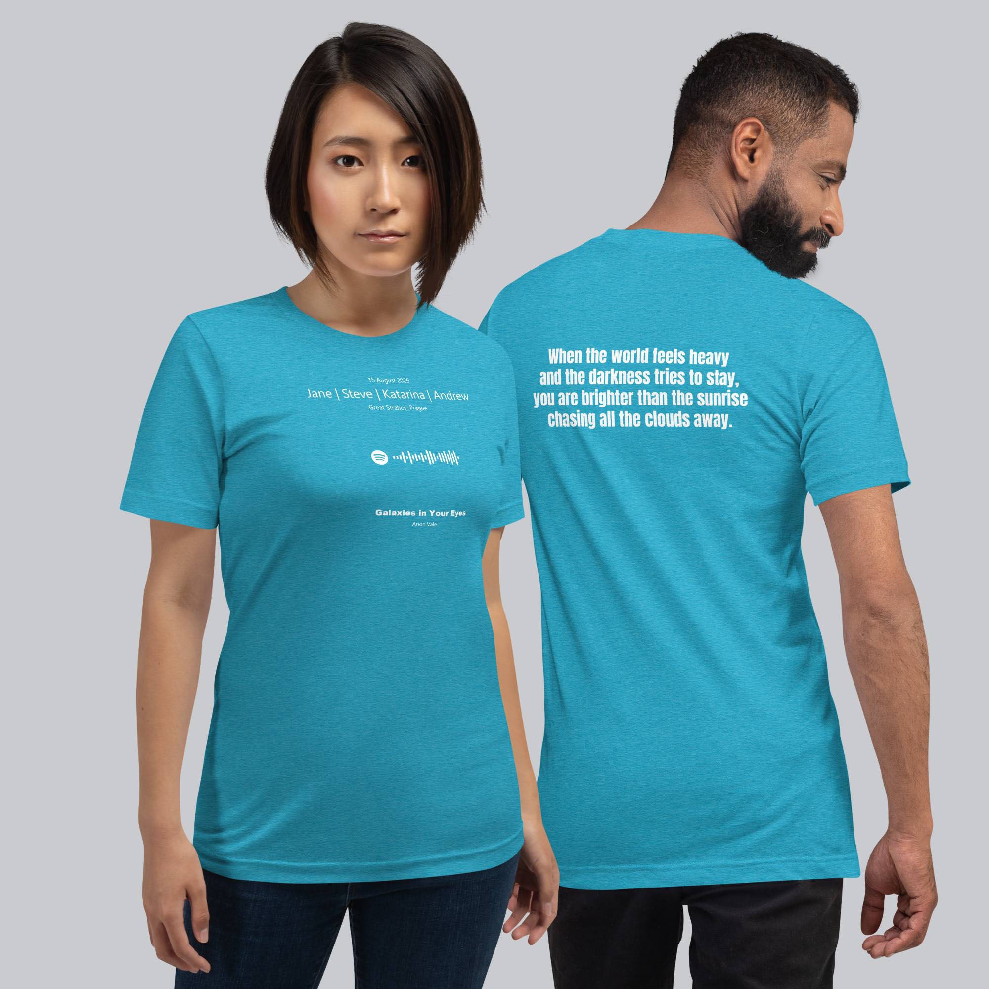 Aqua Tshirt with printed custom music code and text