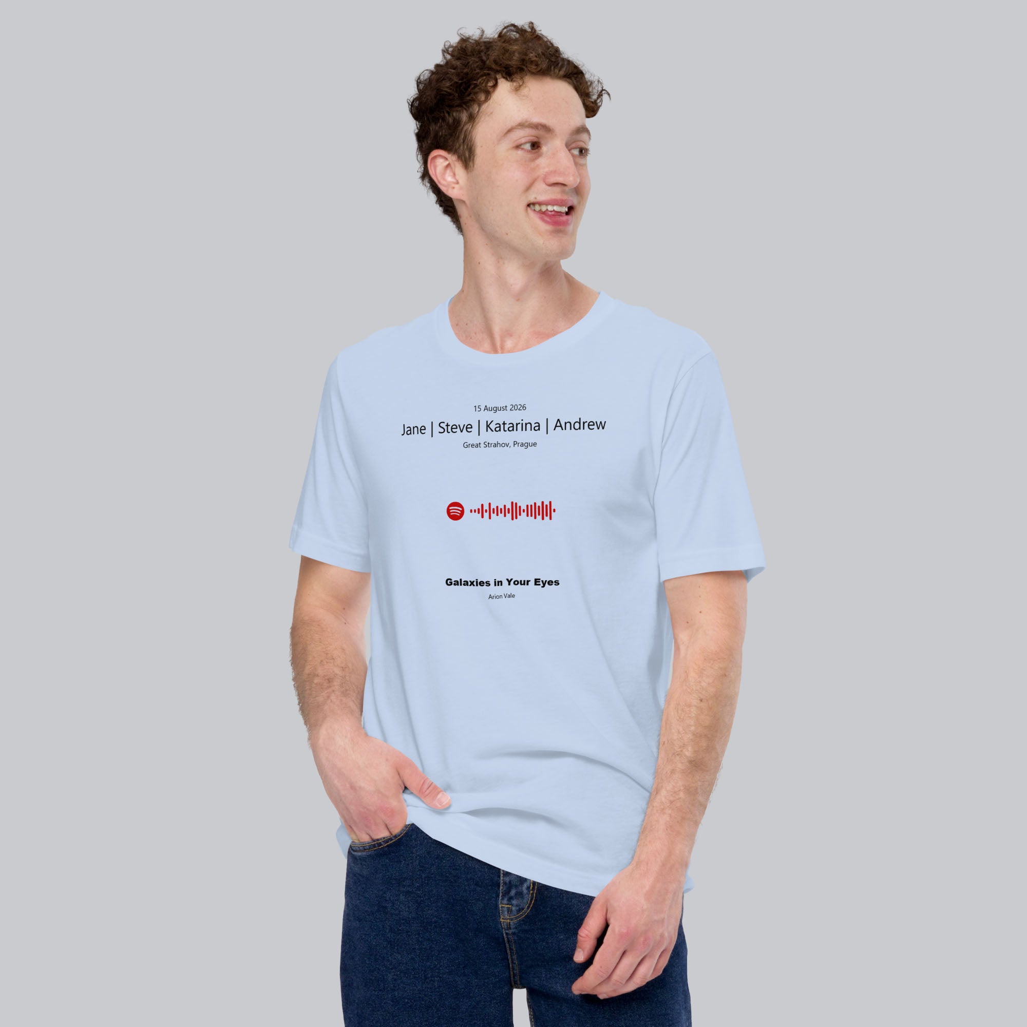 Baby blue Tshirt with printed custom music code and text