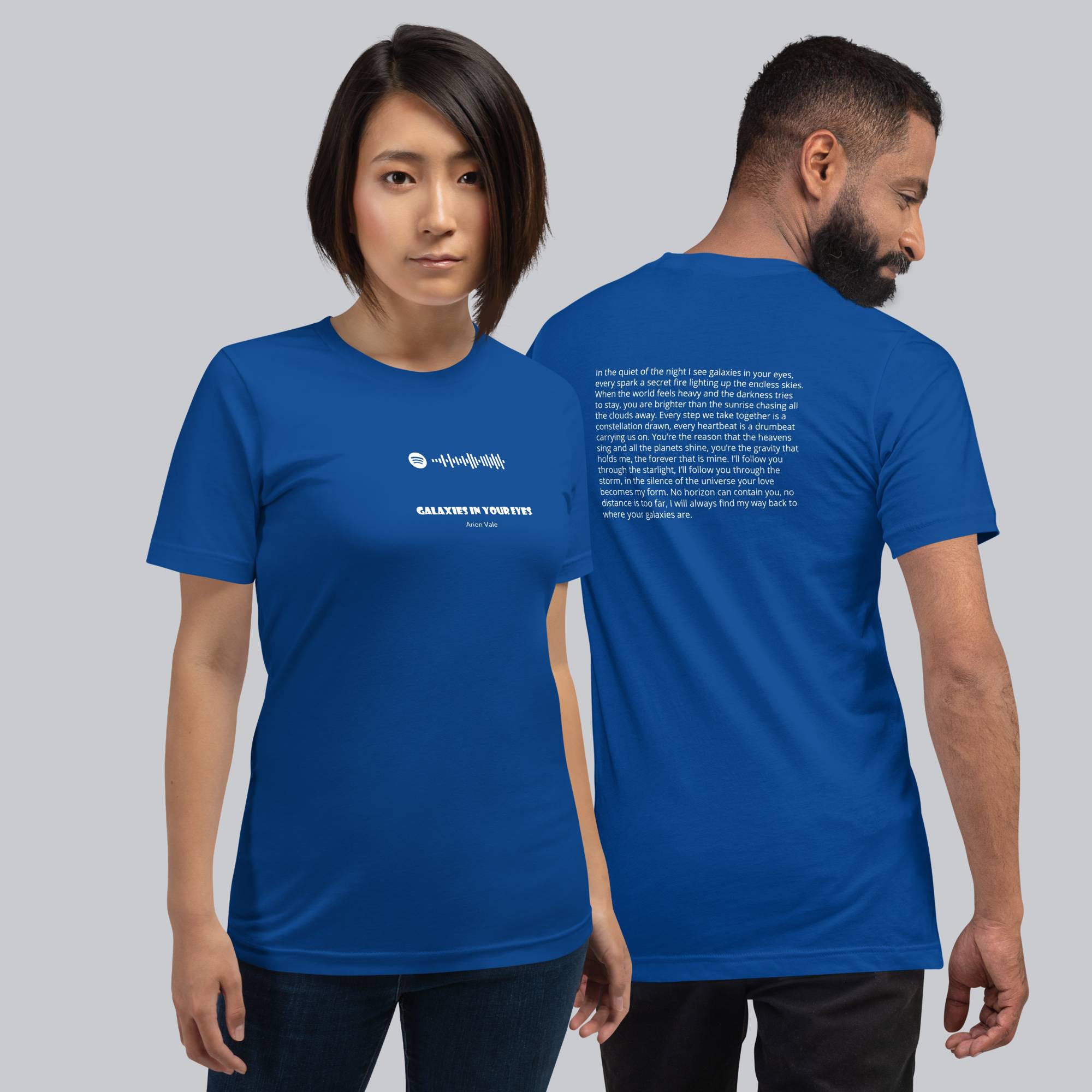 Blue Tshirt with printed custom music code and text