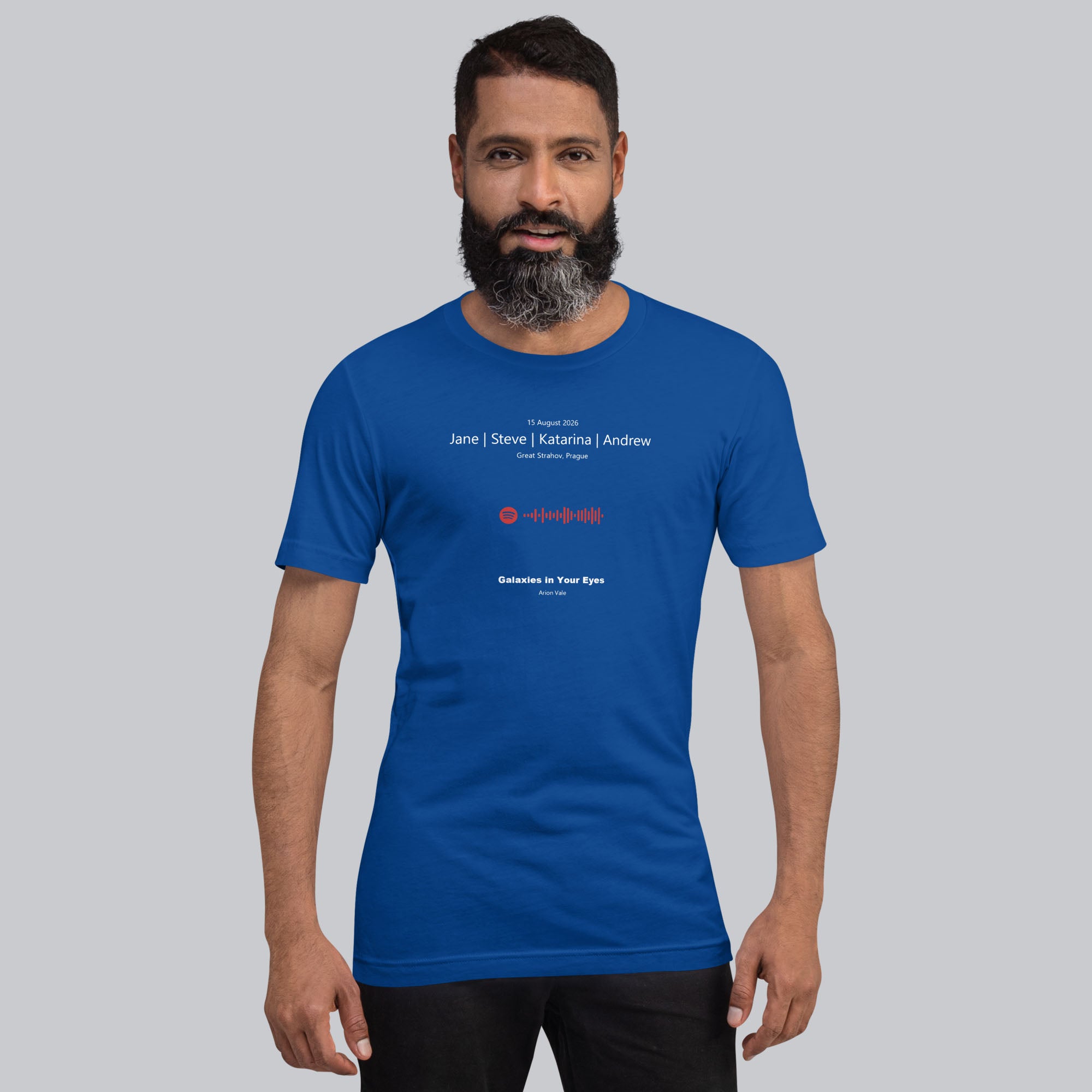 Blue Tshirt with printed custom music code and text