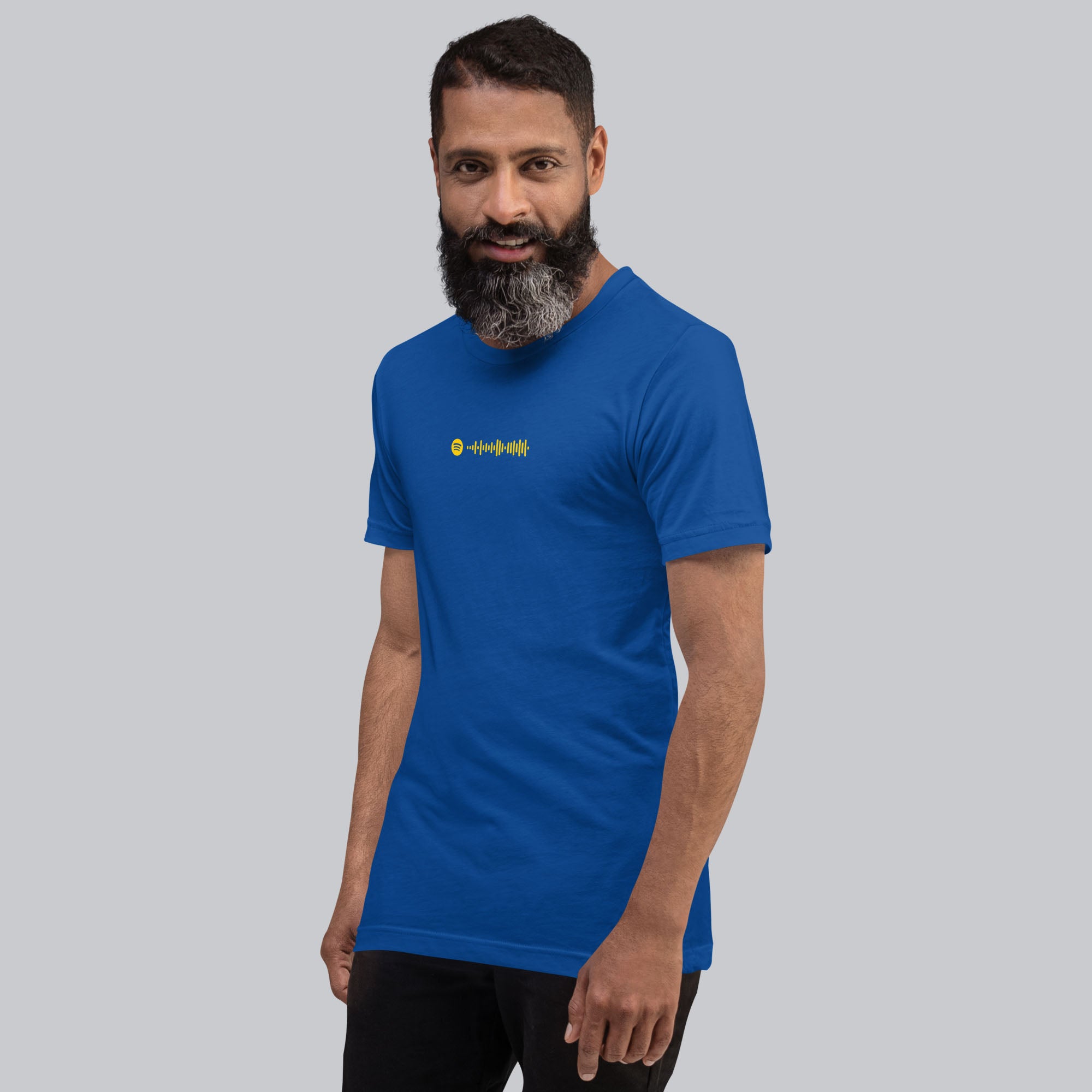 Blue Tshirt with printed custom music code and text