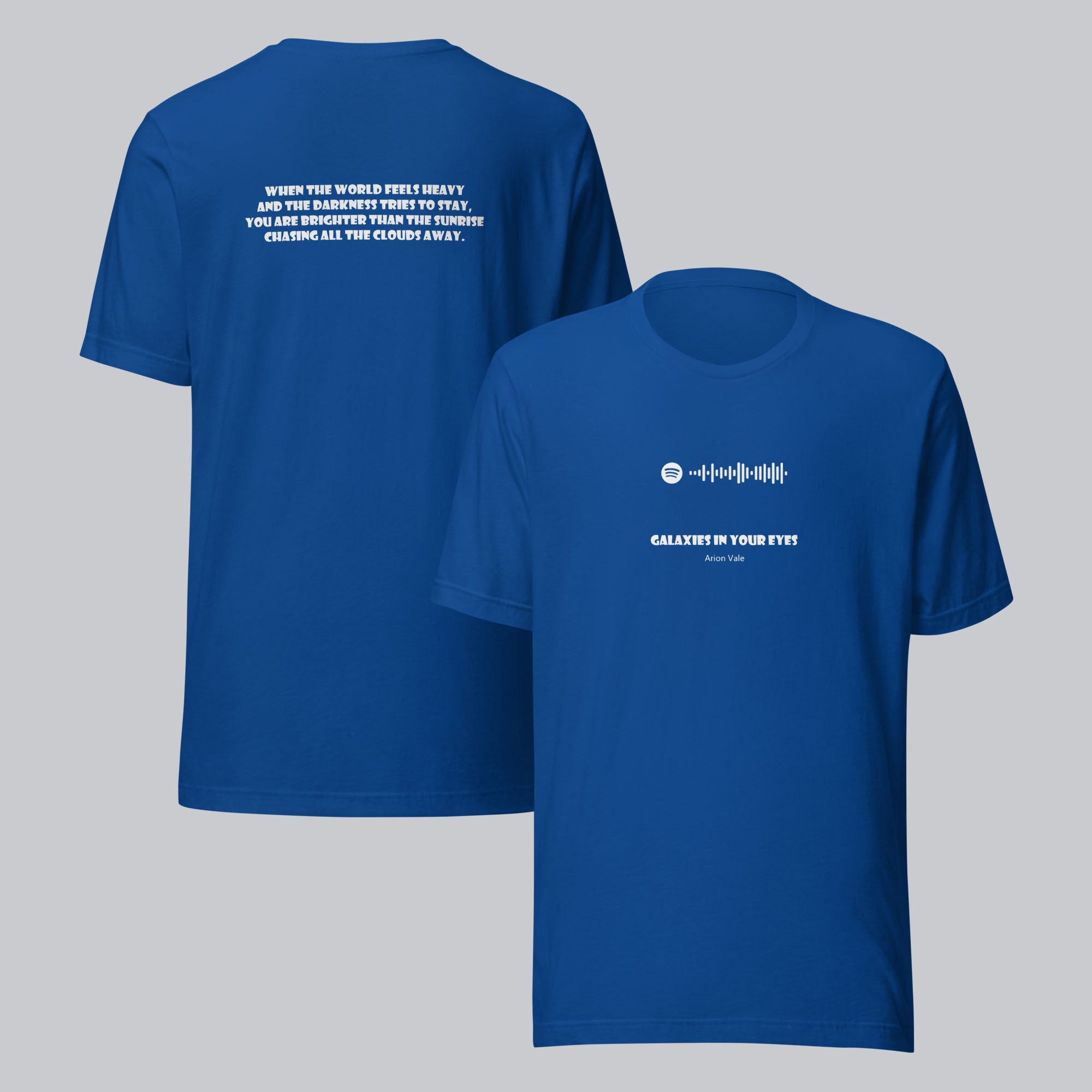 Blue Tshirt with printed custom music code and text