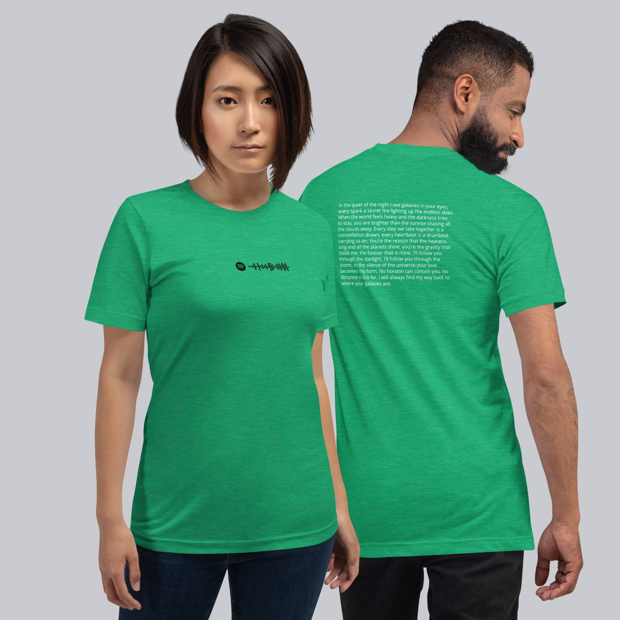 Green Tshirt with printed custom music code and text