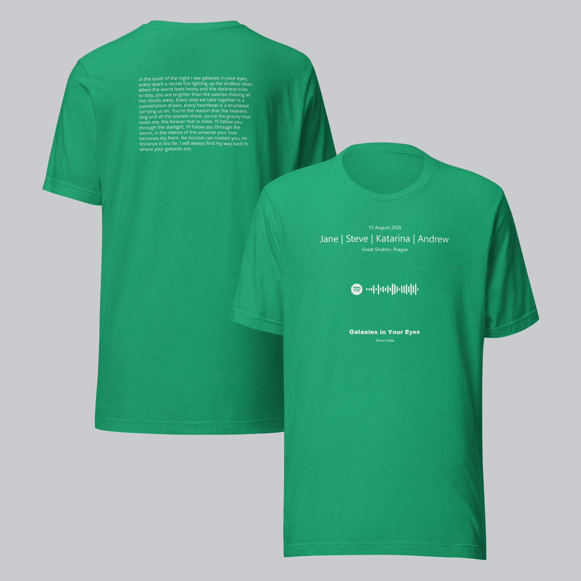 Green Tshirt with printed custom music code and text