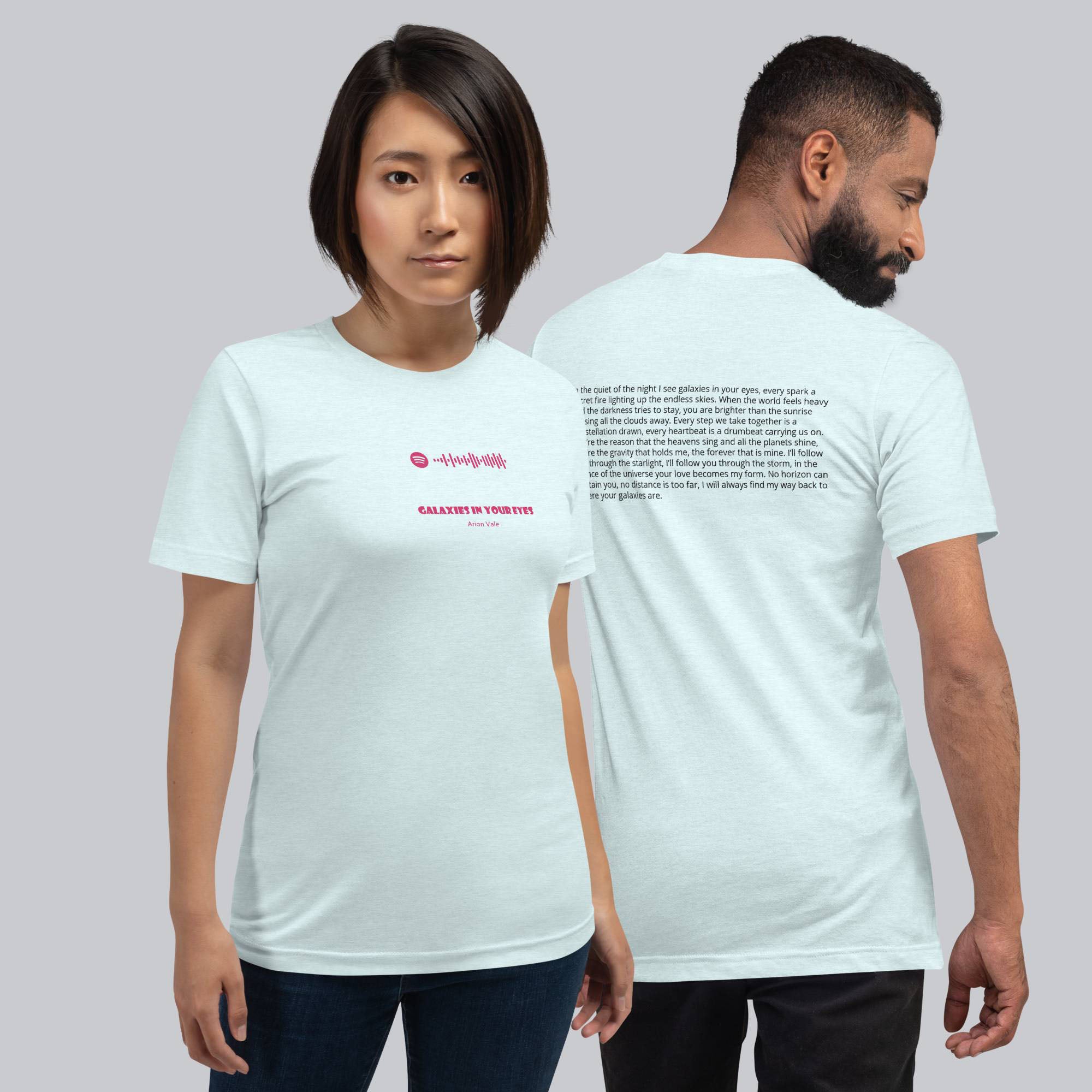 Light blue Tshirt with printed custom music code and text