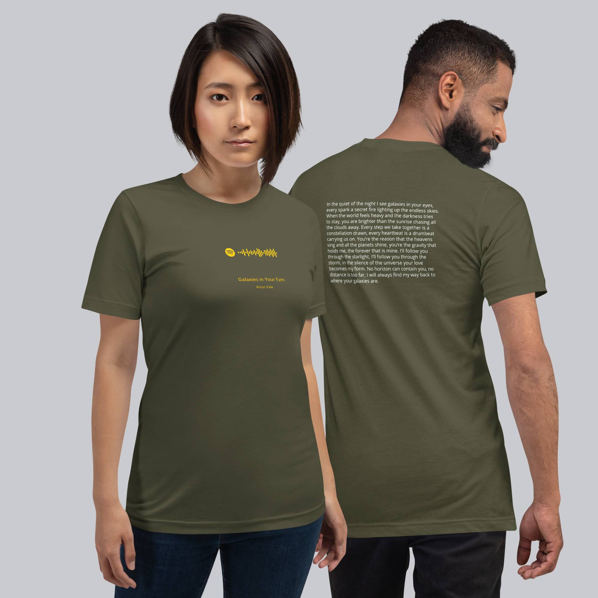 Military green Tshirt with printed custom music code and text