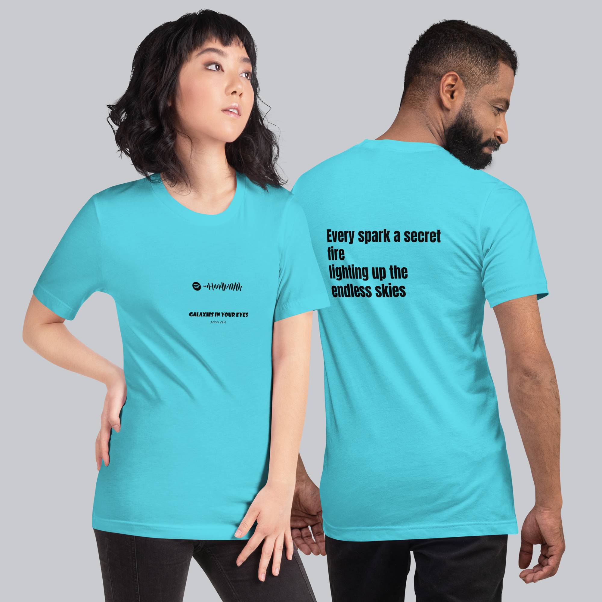 Turquoise Tshirt with printed custom music code and text