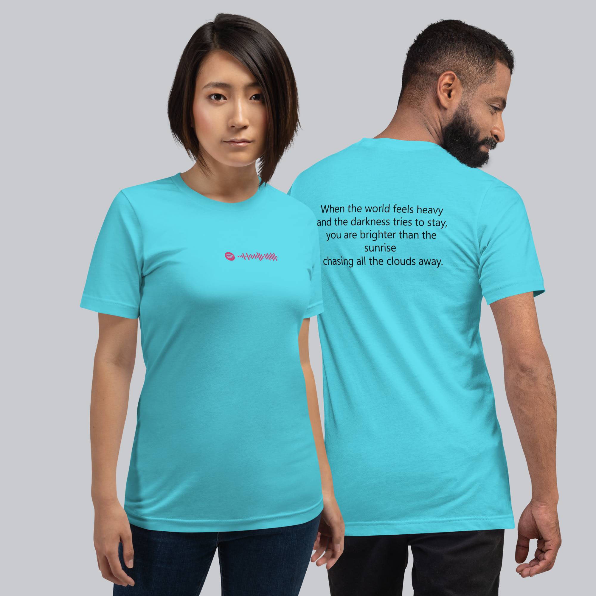 Turquoise Tshirt with printed custom music code and text