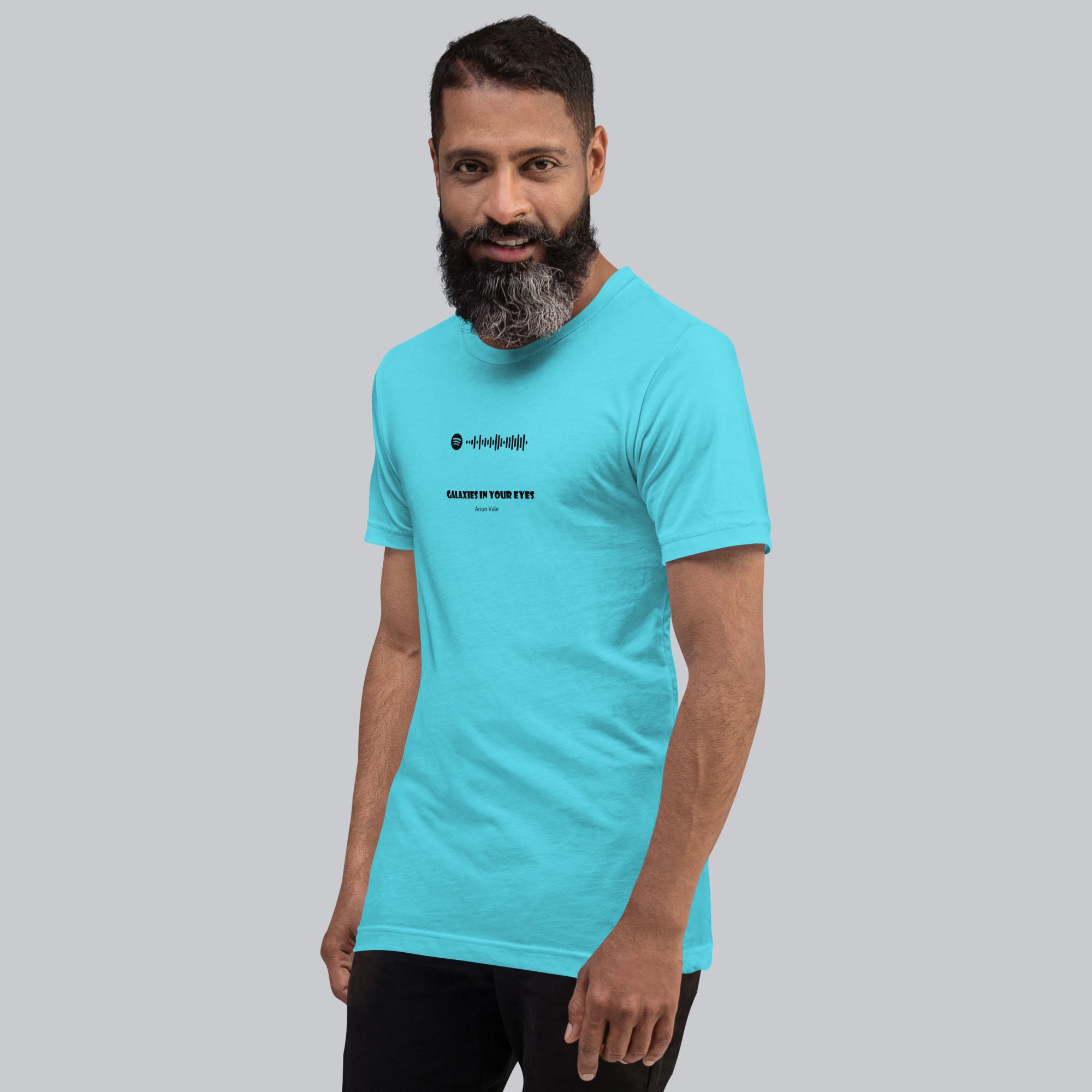 Turquoise Tshirt with printed custom music code and text