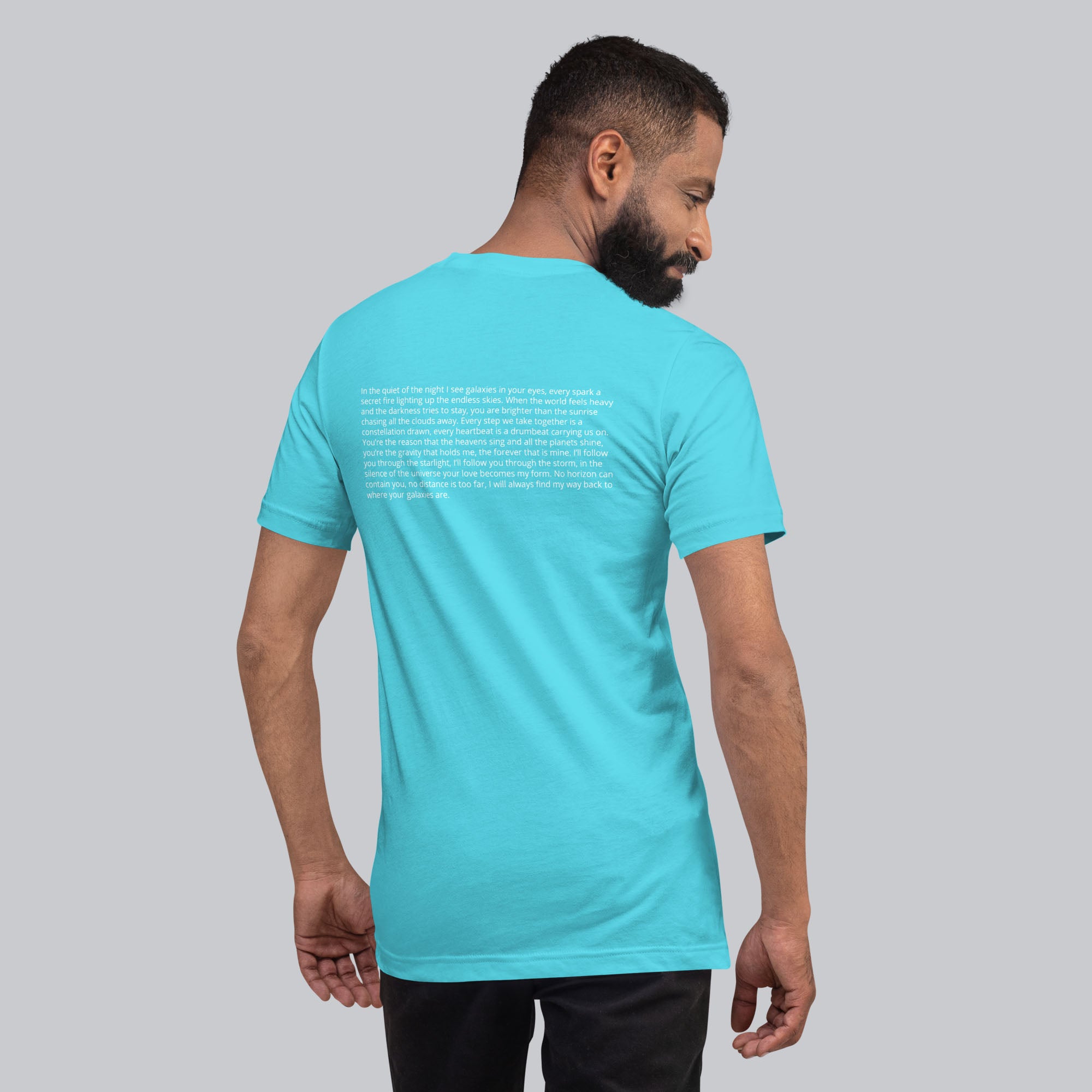 Turquoise Tshirt with printed custom music code and text