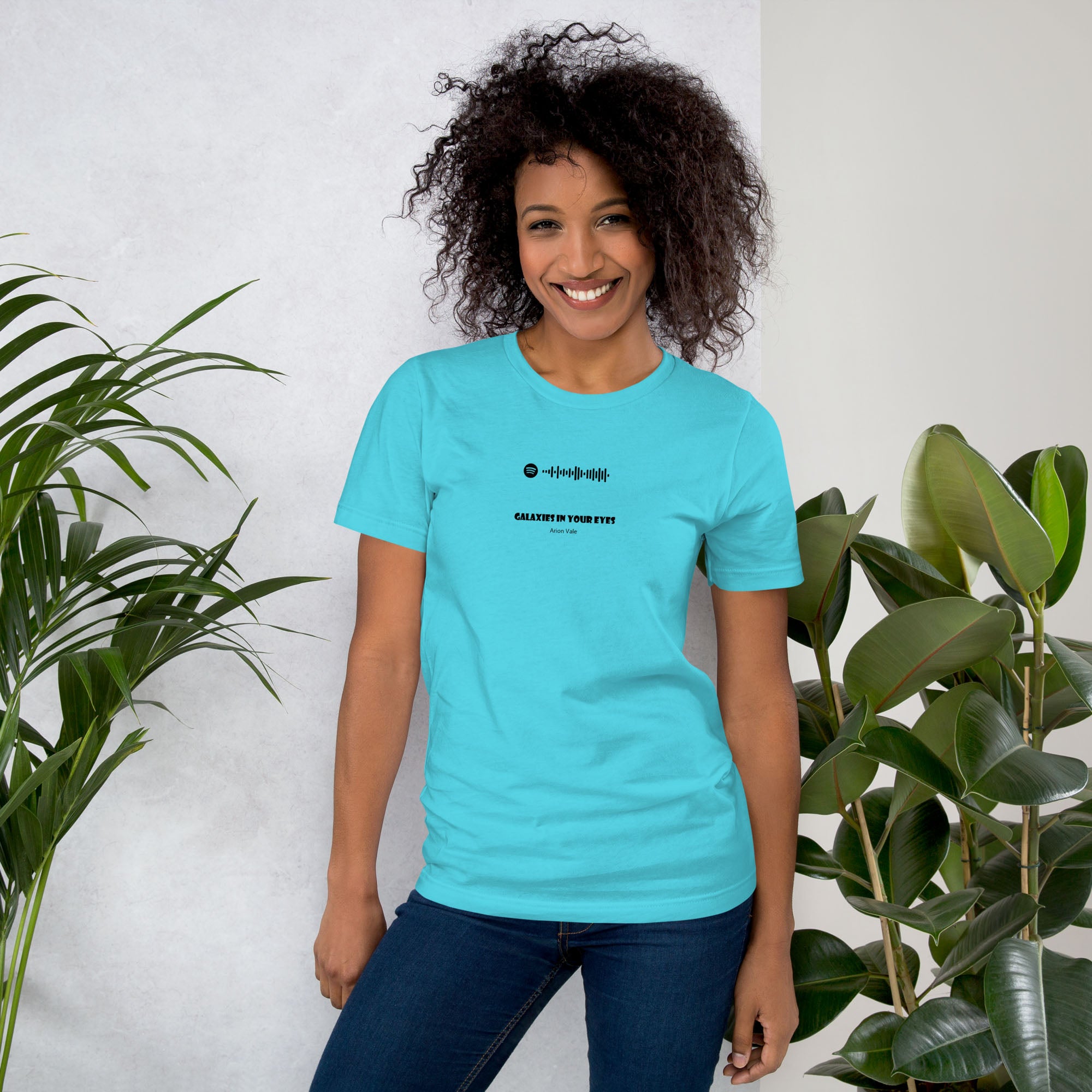 Turquoise Tshirt with printed custom music code and text