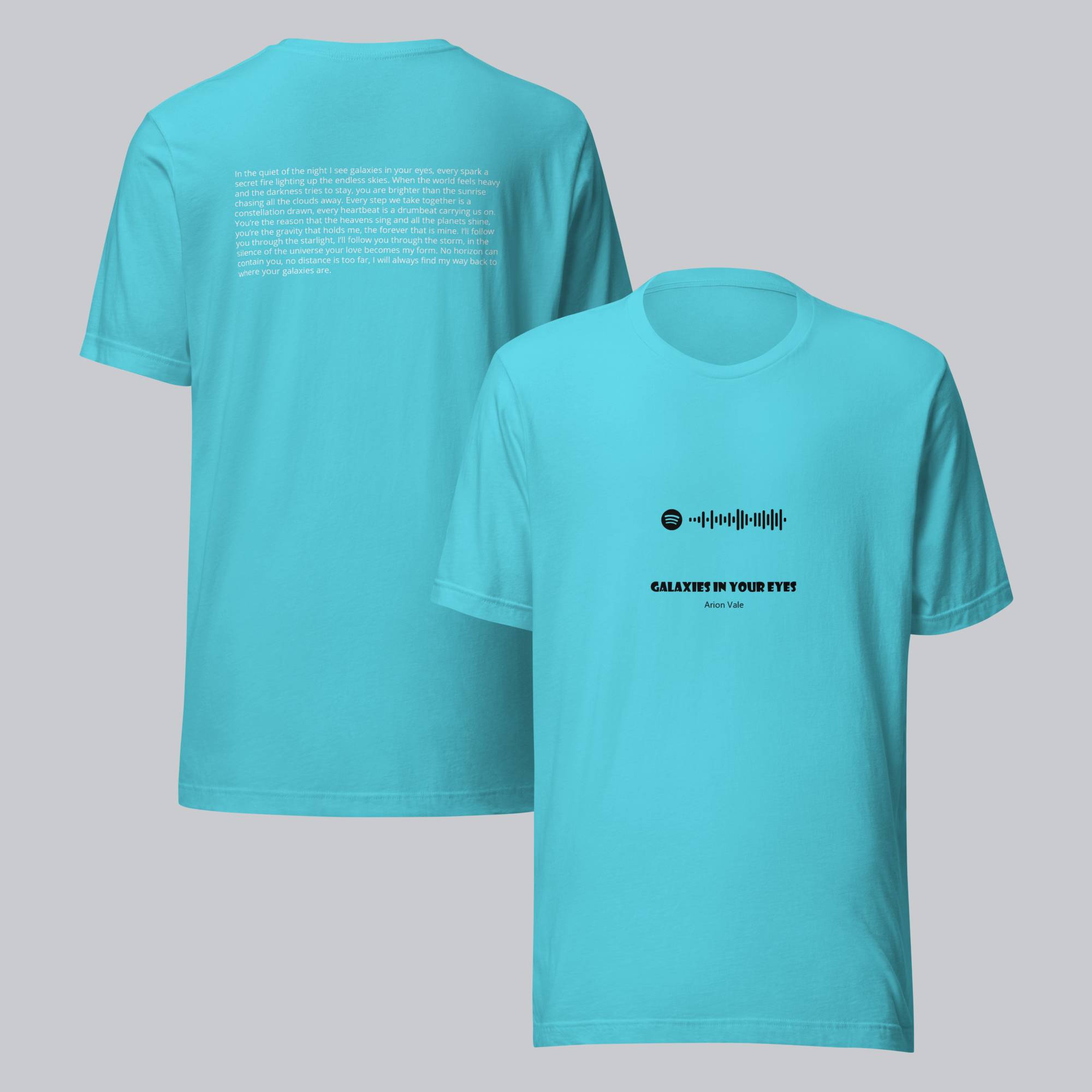 Turquoise Tshirt with printed custom music code and text
