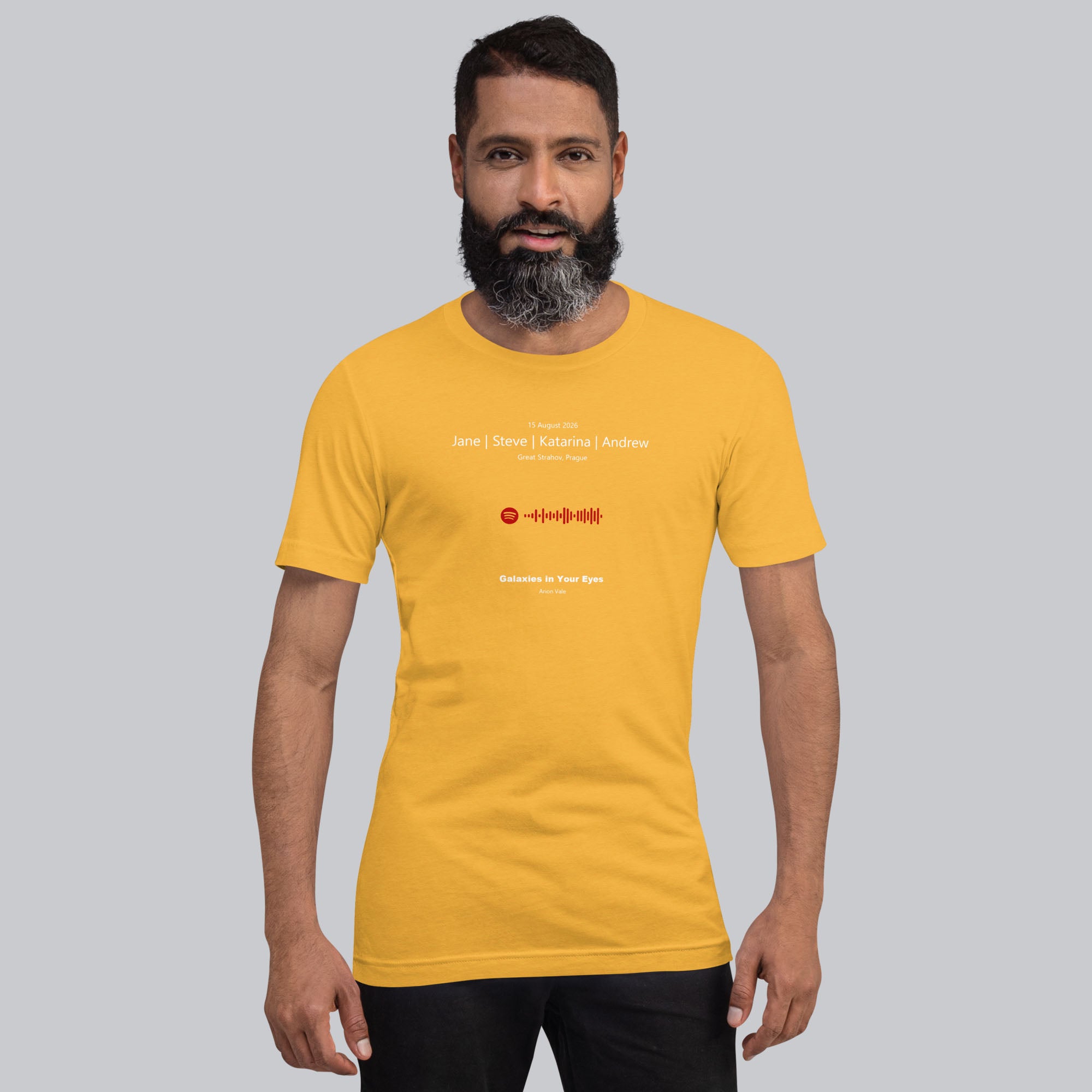 Yellow Tshirt with printed custom music code and text