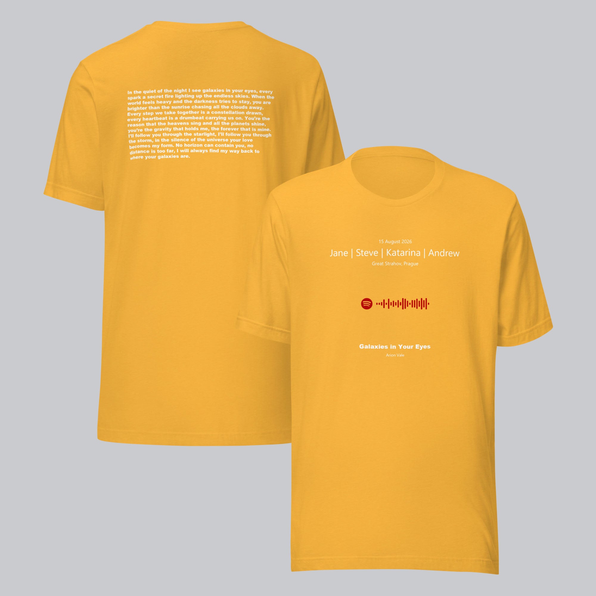 Yellow Tshirt with printed custom music code and text