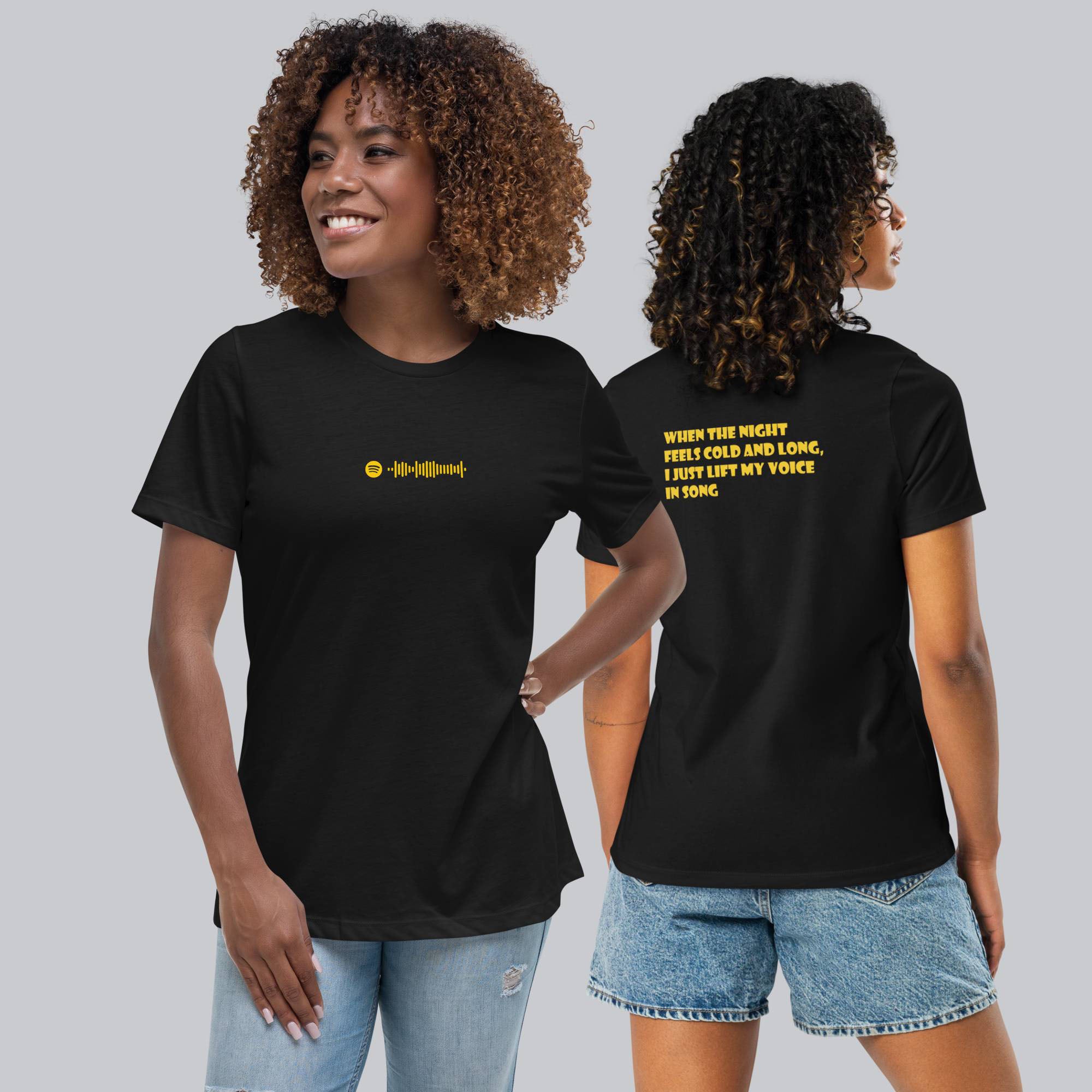 Black Women's tshirt with printed custom music code and custom text#color_black
