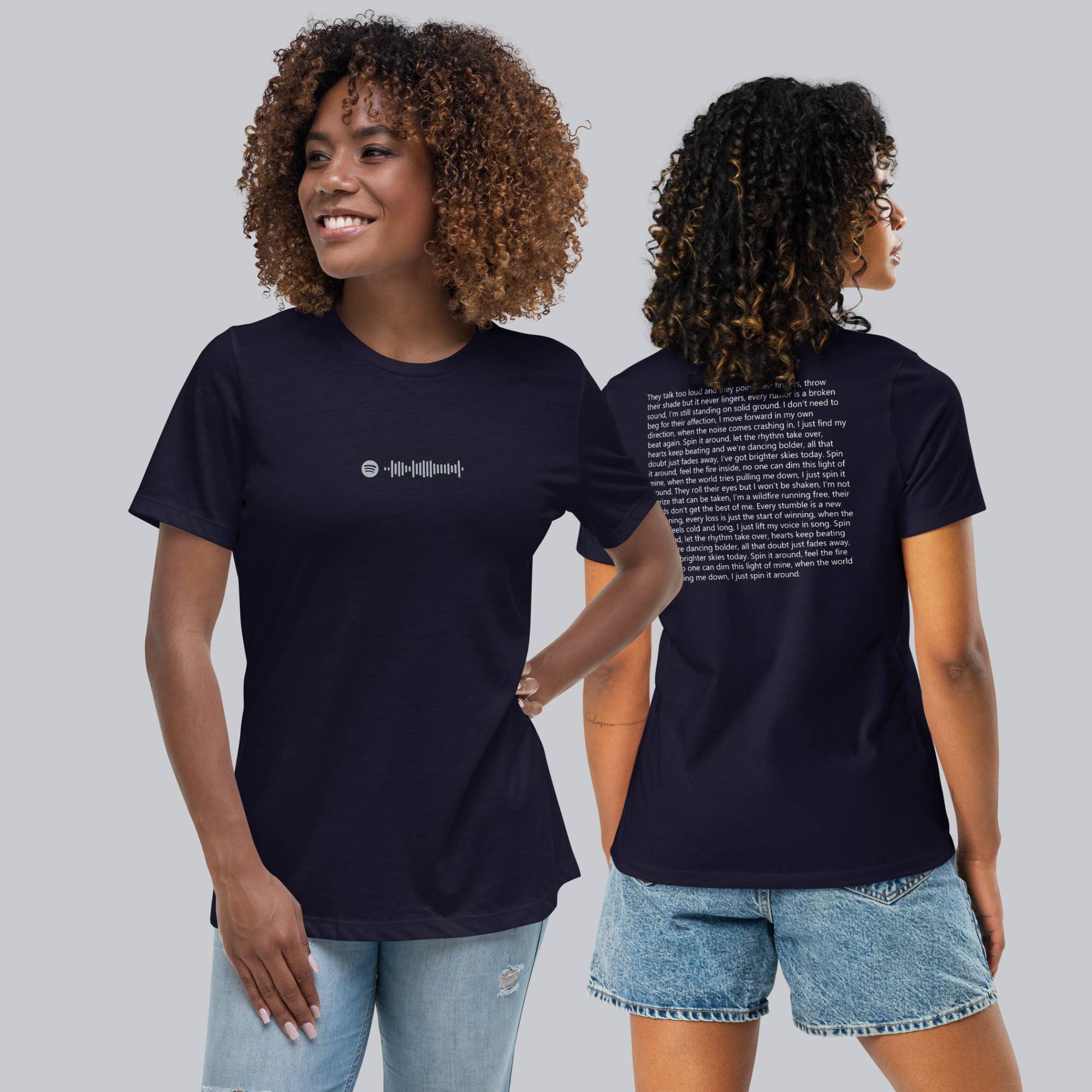 Navy Women's tshirt with printed custom music code and custom text