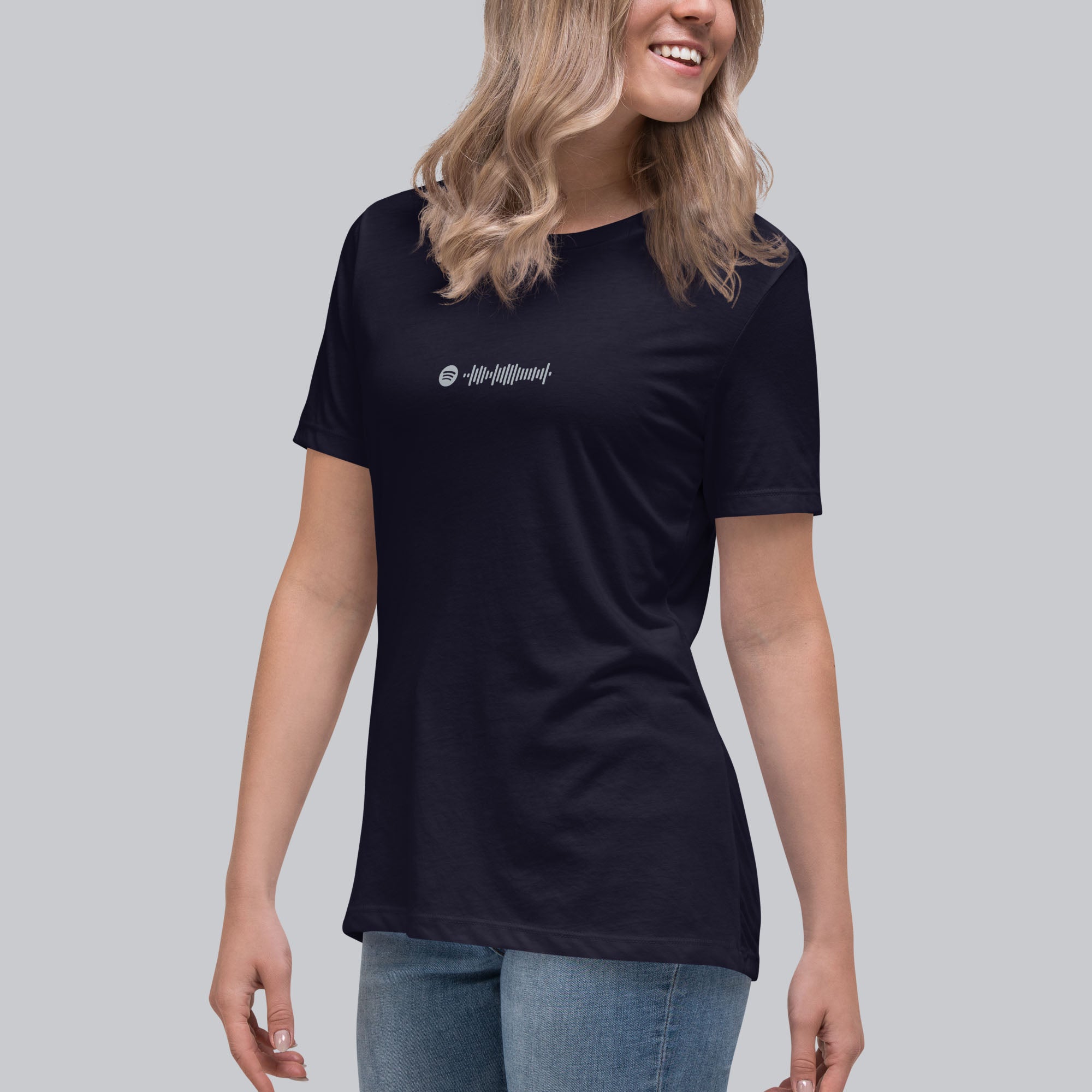 Navy Women's tshirt with printed custom music code and custom text