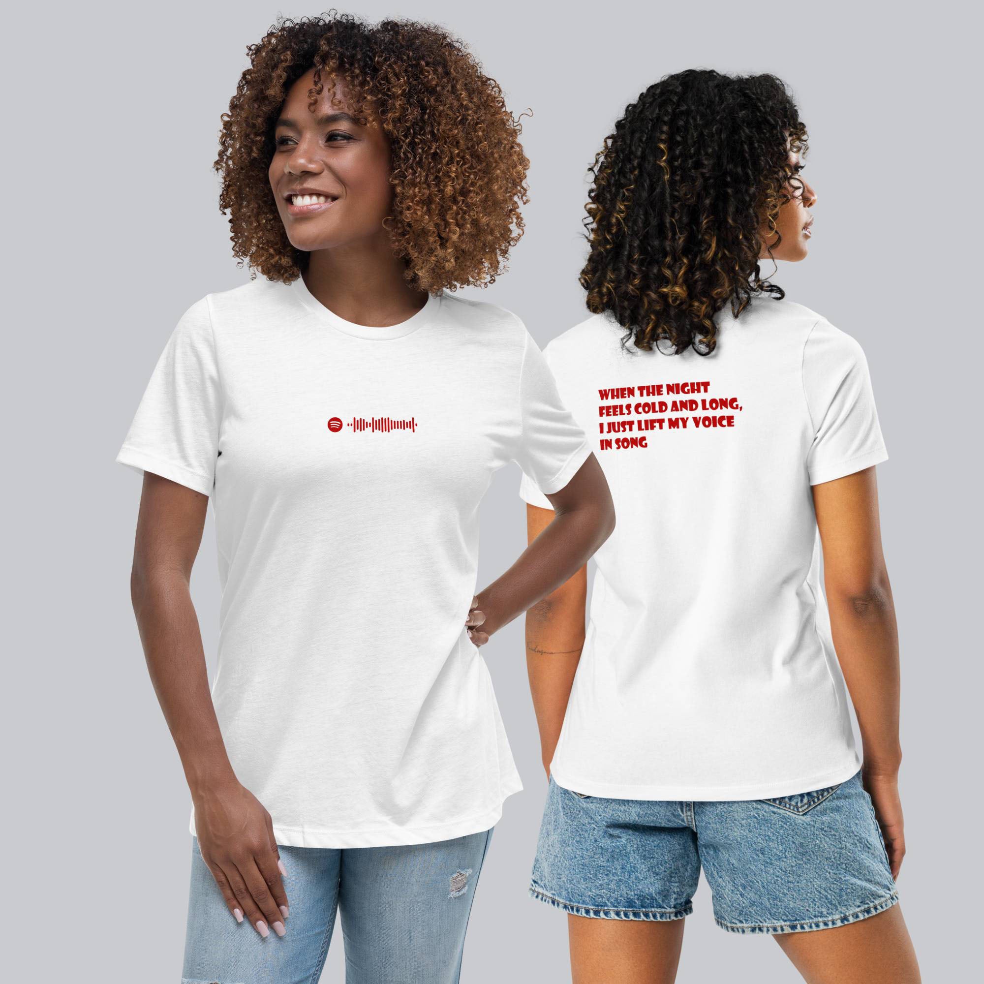 White Women's tshirt with printed custom music code and custom text