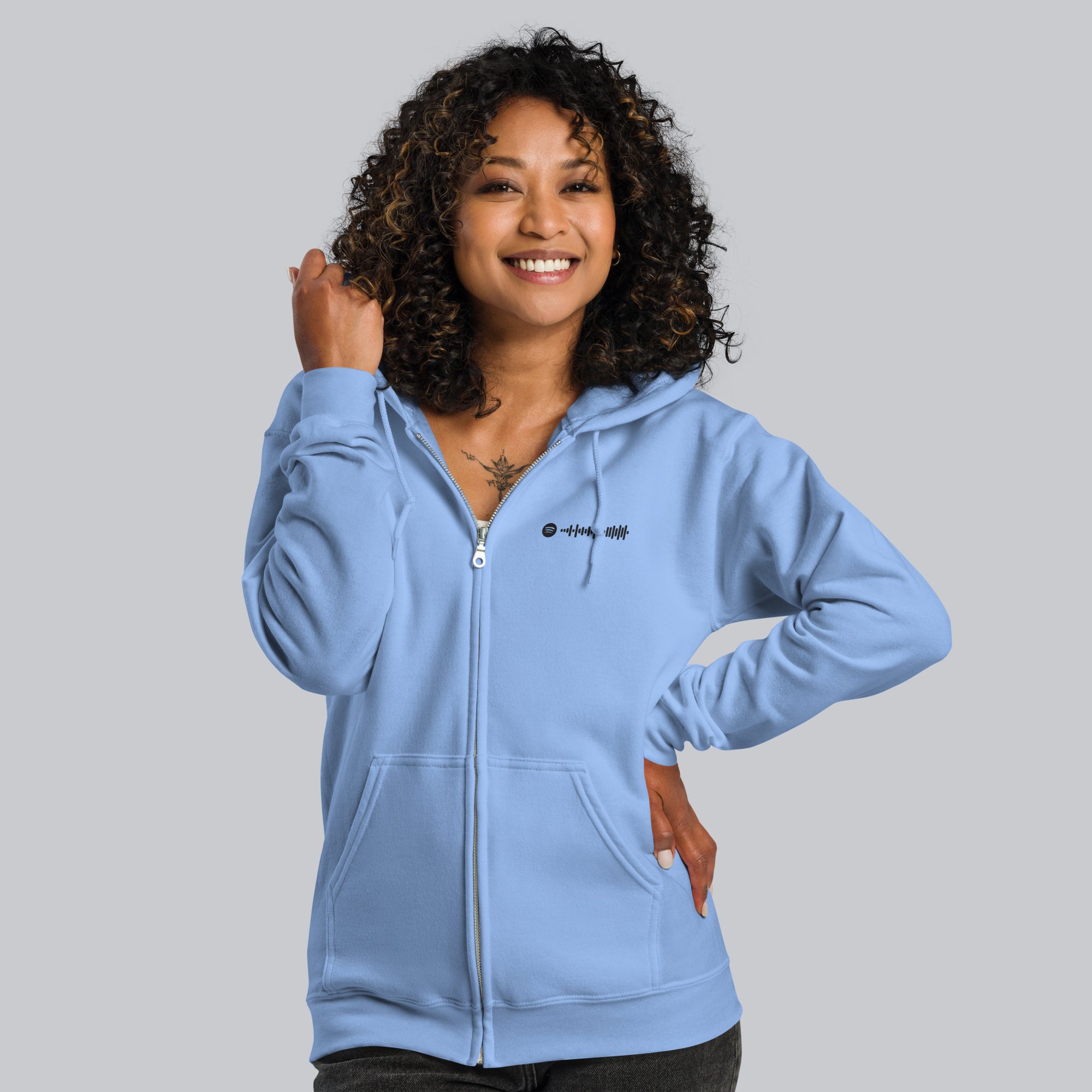 Baby Blue Zip Hoodie with custom Music Code