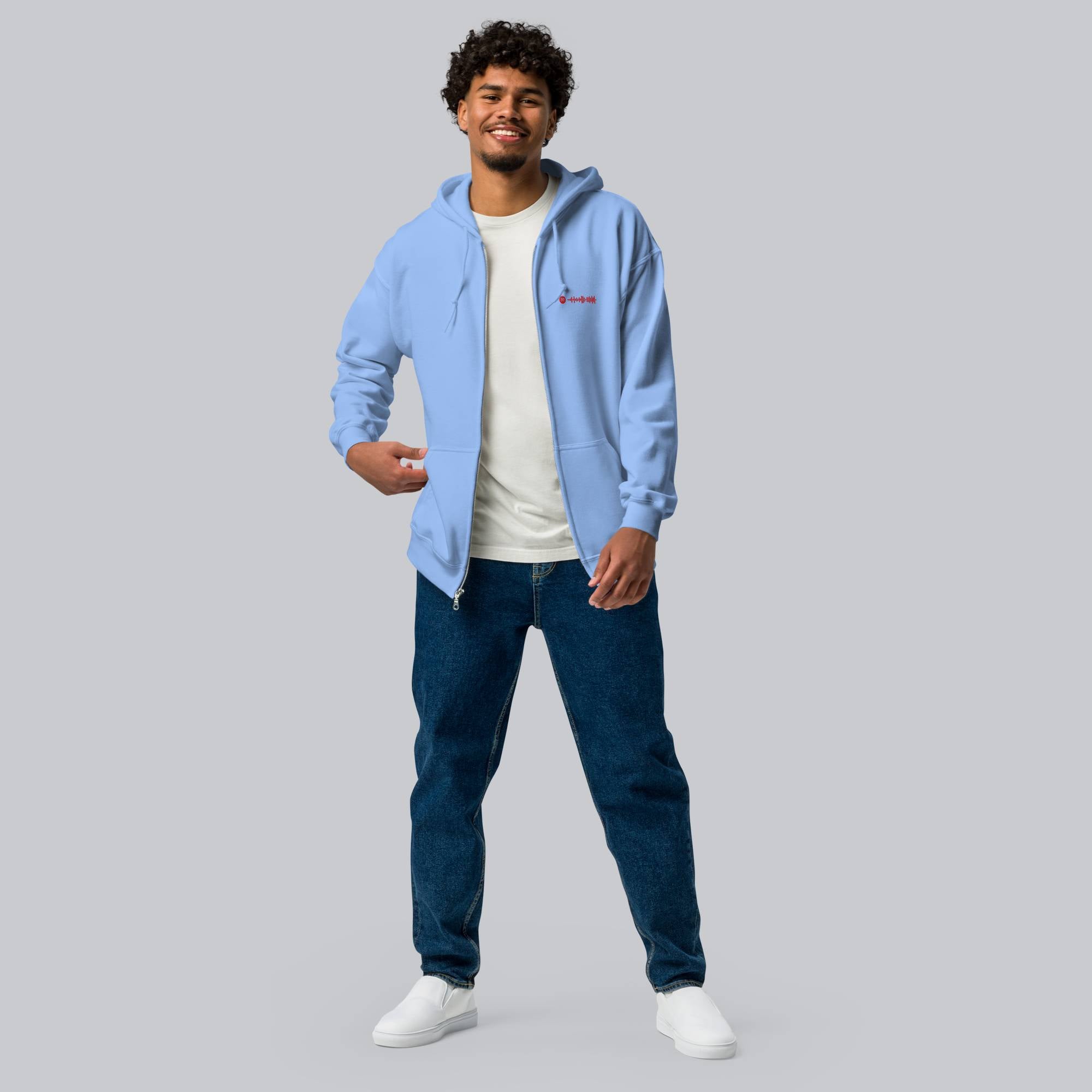 Unisex Heavy Blend Zip Hoodie with embroidered custom Music Code