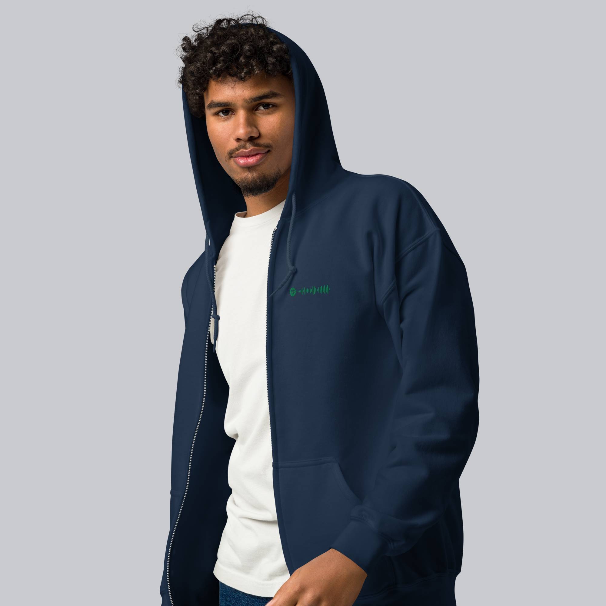 Navy Zip Hoodie with custom Music Code