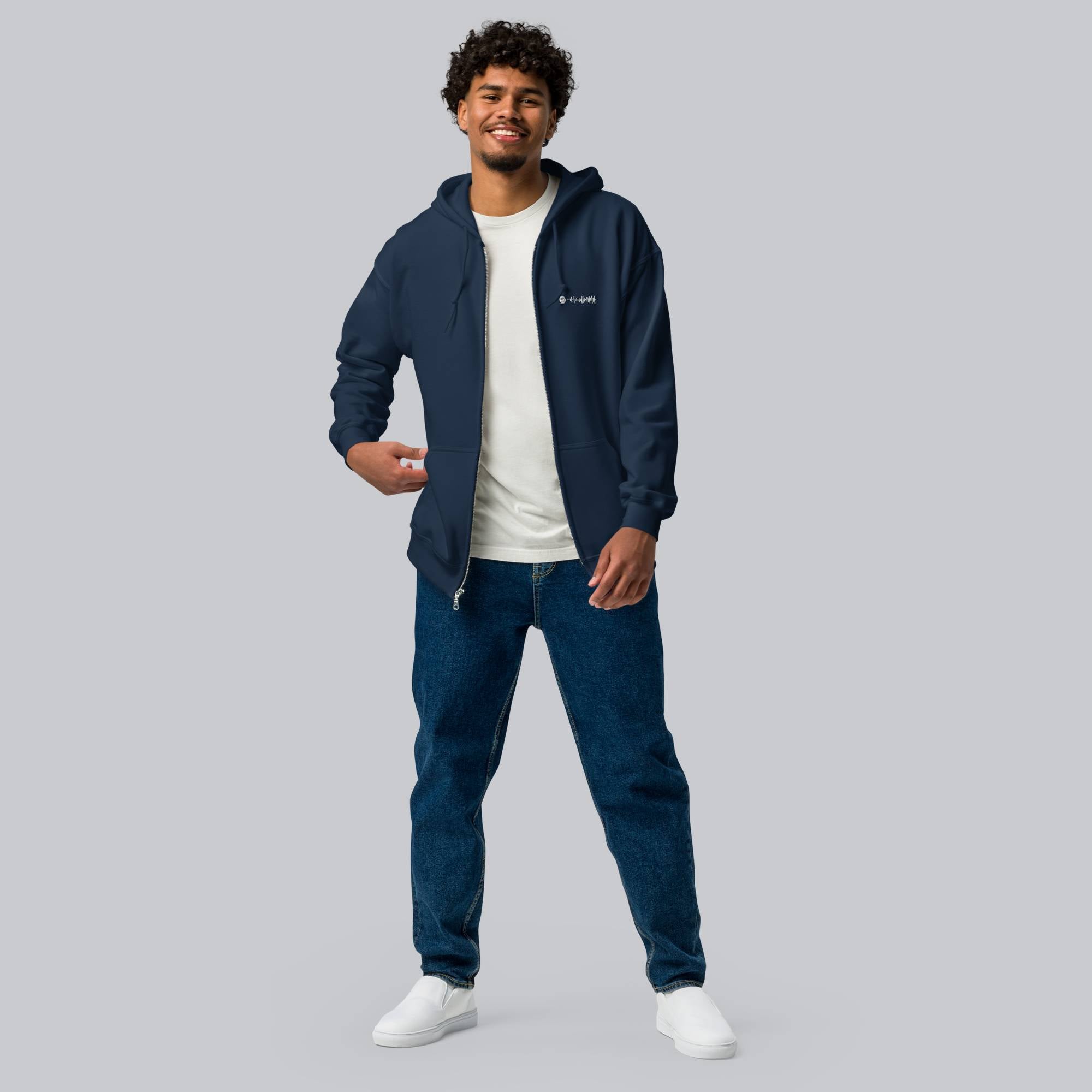Navy Zip Hoodie with custom Music Code