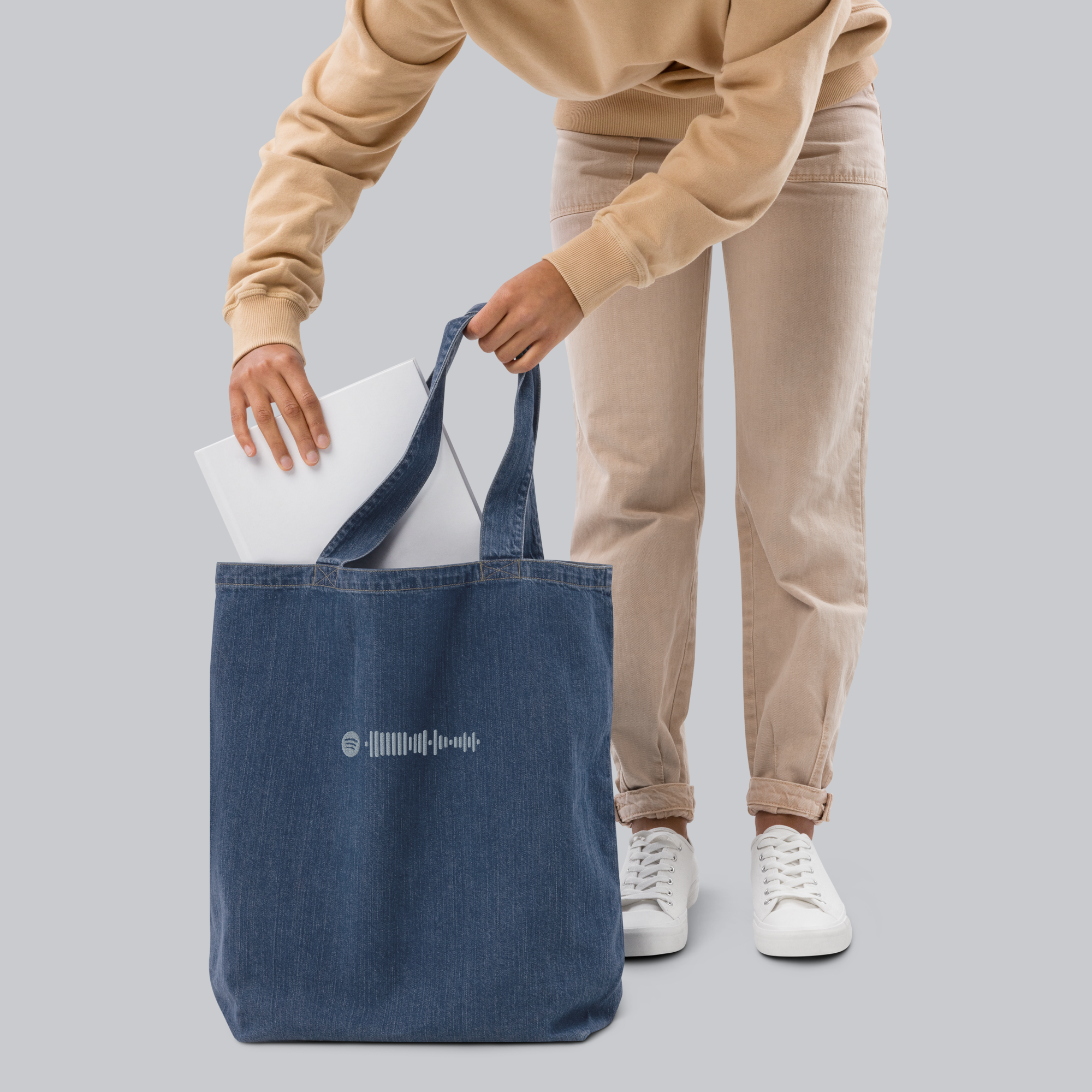 Organic denim tote with custom Music Code of your favorite song