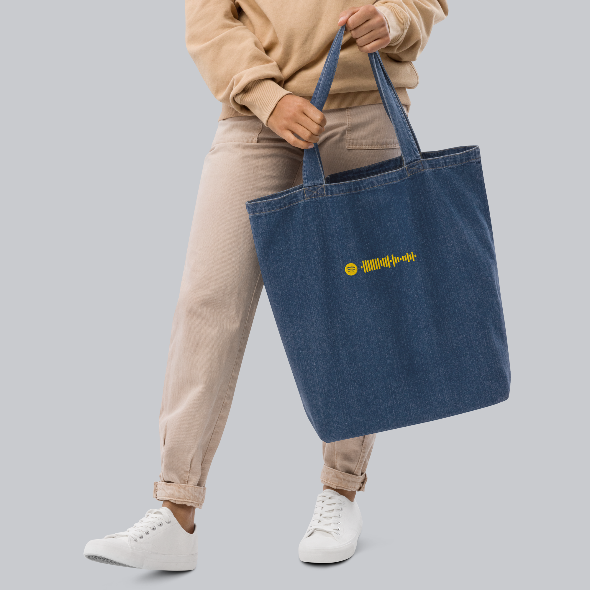 Organic denim tote with custom Music Code of your favorite song