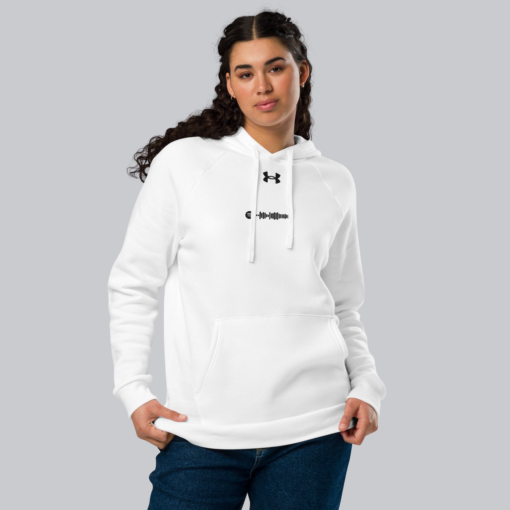 Under Armour Hoodie White with Custom Music Code of your favorite song