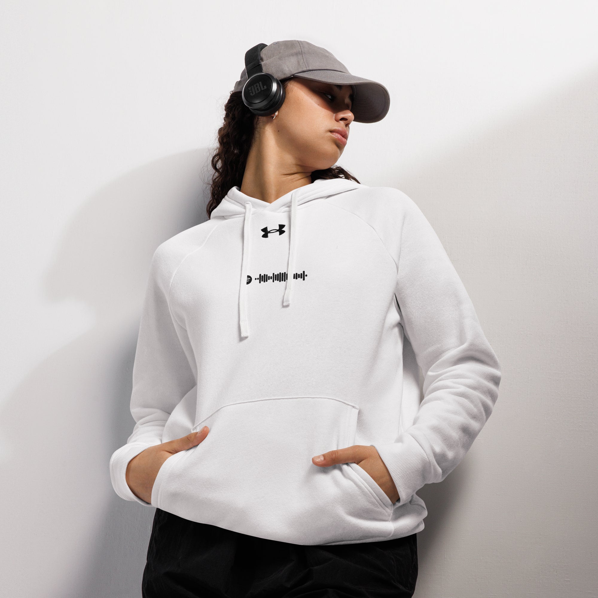 Under Armour Hoodie White with Custom Music Code of your favorite song#color_white