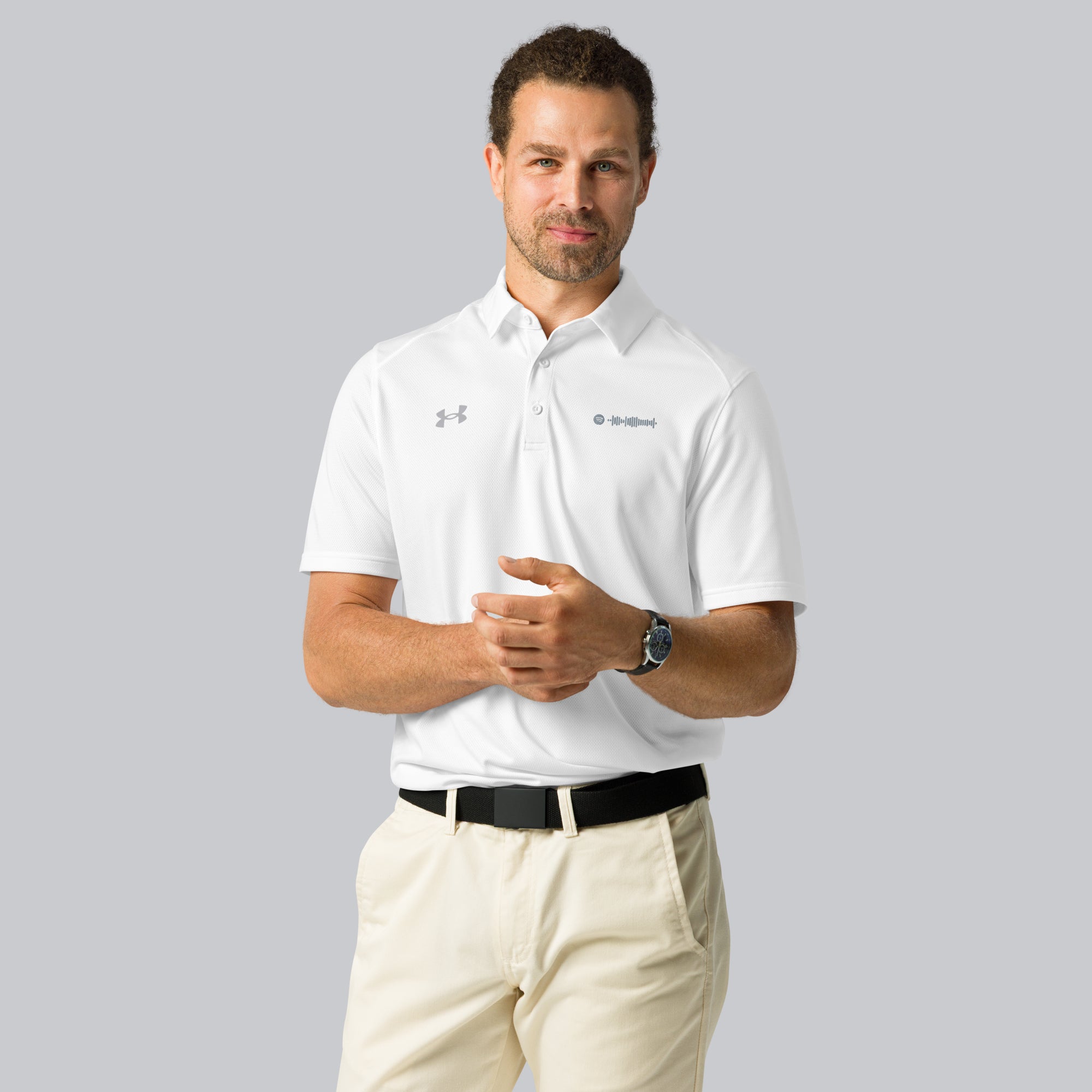 Under Armour Polo Shirt Men White with Custom Music Code