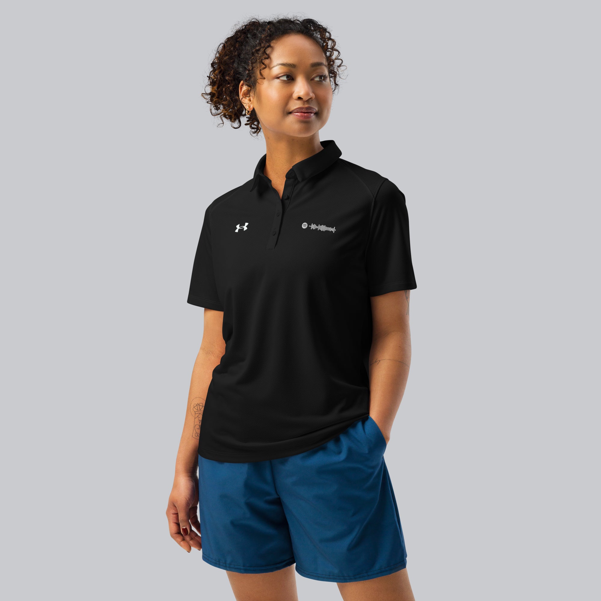 Under Armour Polo Shirt Women Black with Custom Music Code#color_black