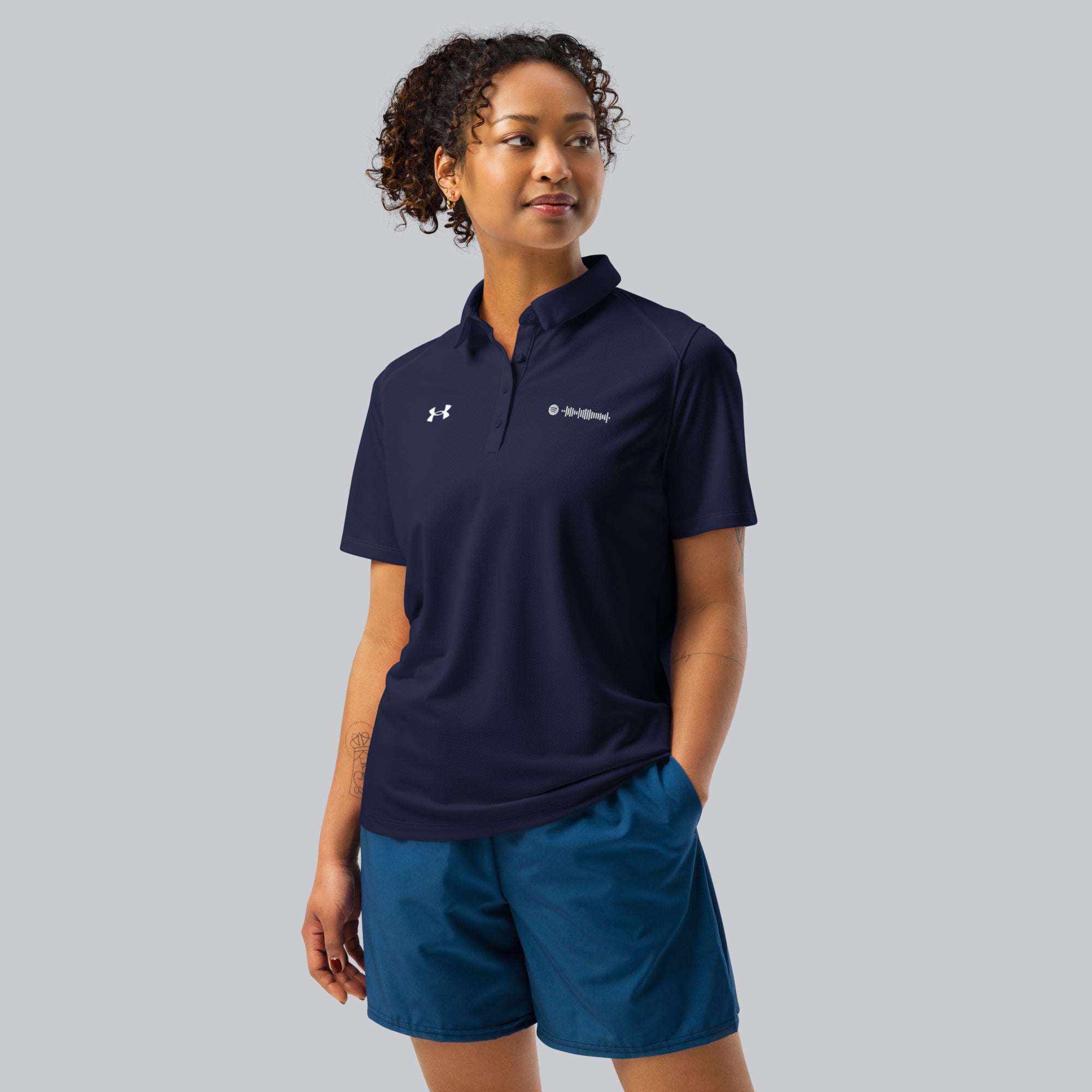 Under Armour Polo Shirt Women Navy with Custom Music Code