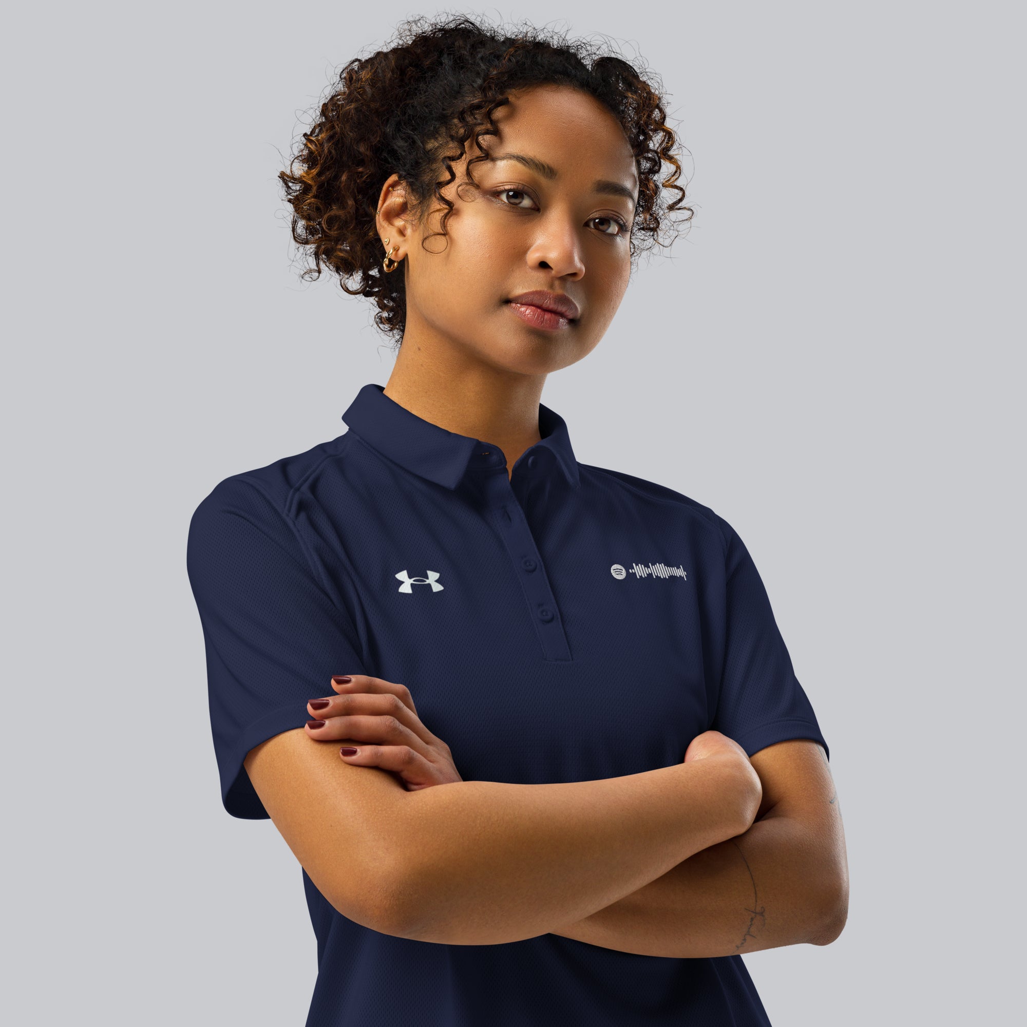 Under Armour Polo Shirt Women Navy with Custom Music Code