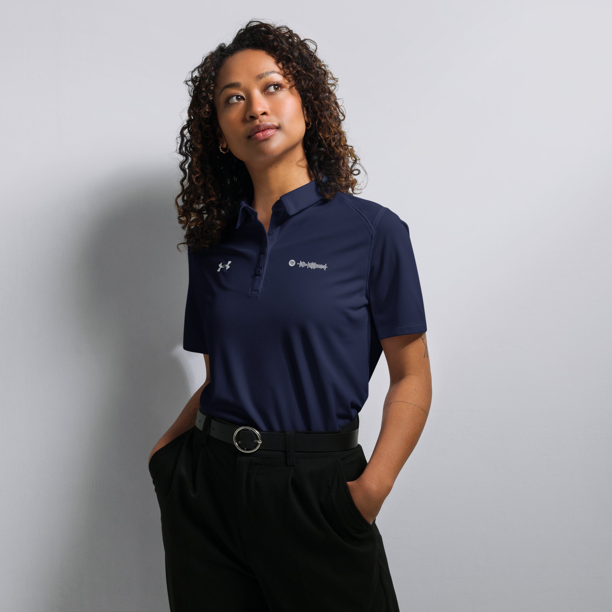 Under Armour Polo Shirt Women Navy with Custom Music Code