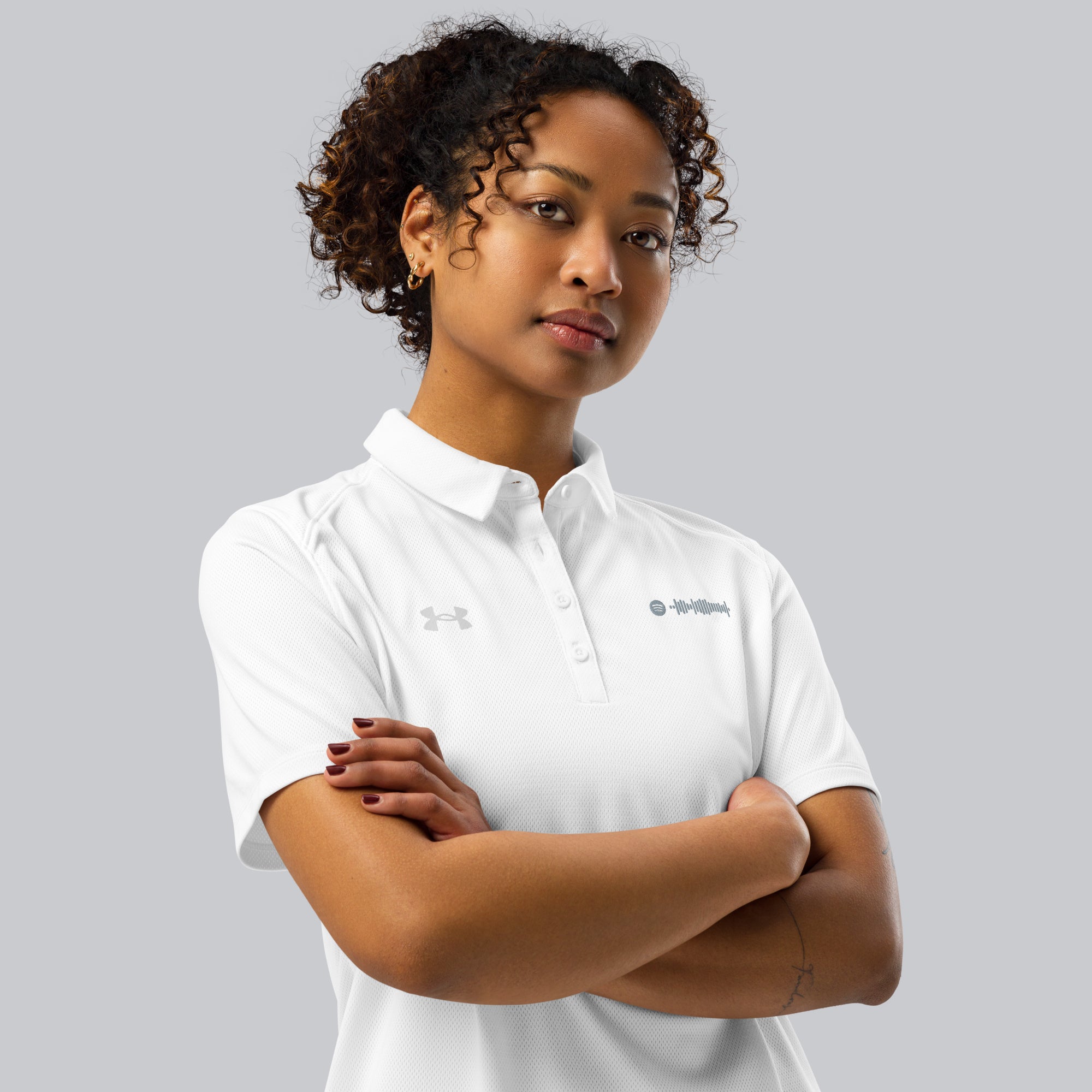 Under Armour Polo Shirt Women White with Custom Music Code